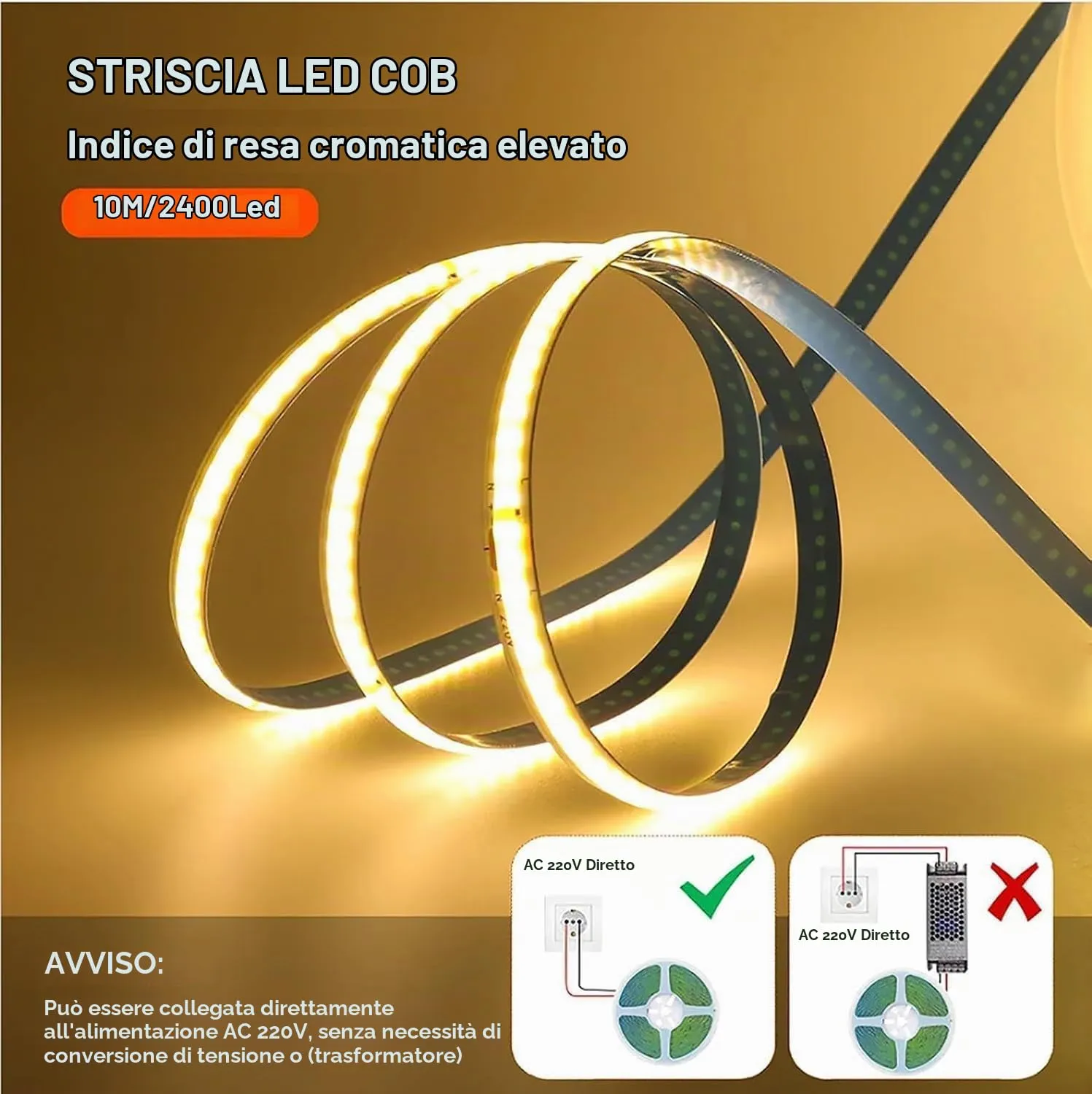 TOPXCDZ Striscia LED COB 220V, Smart IC, 296 LED/m, RA90, Bianco (6000K), 2m - immagine 4