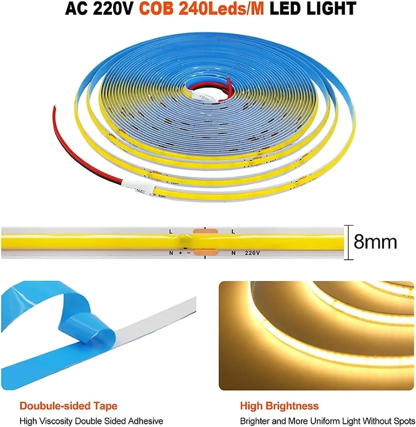 TOPXCDZ Striscia LED COB 220V, Smart IC, 296 LED/m, RA90, Bianco (6000K), 2m - immagine 6