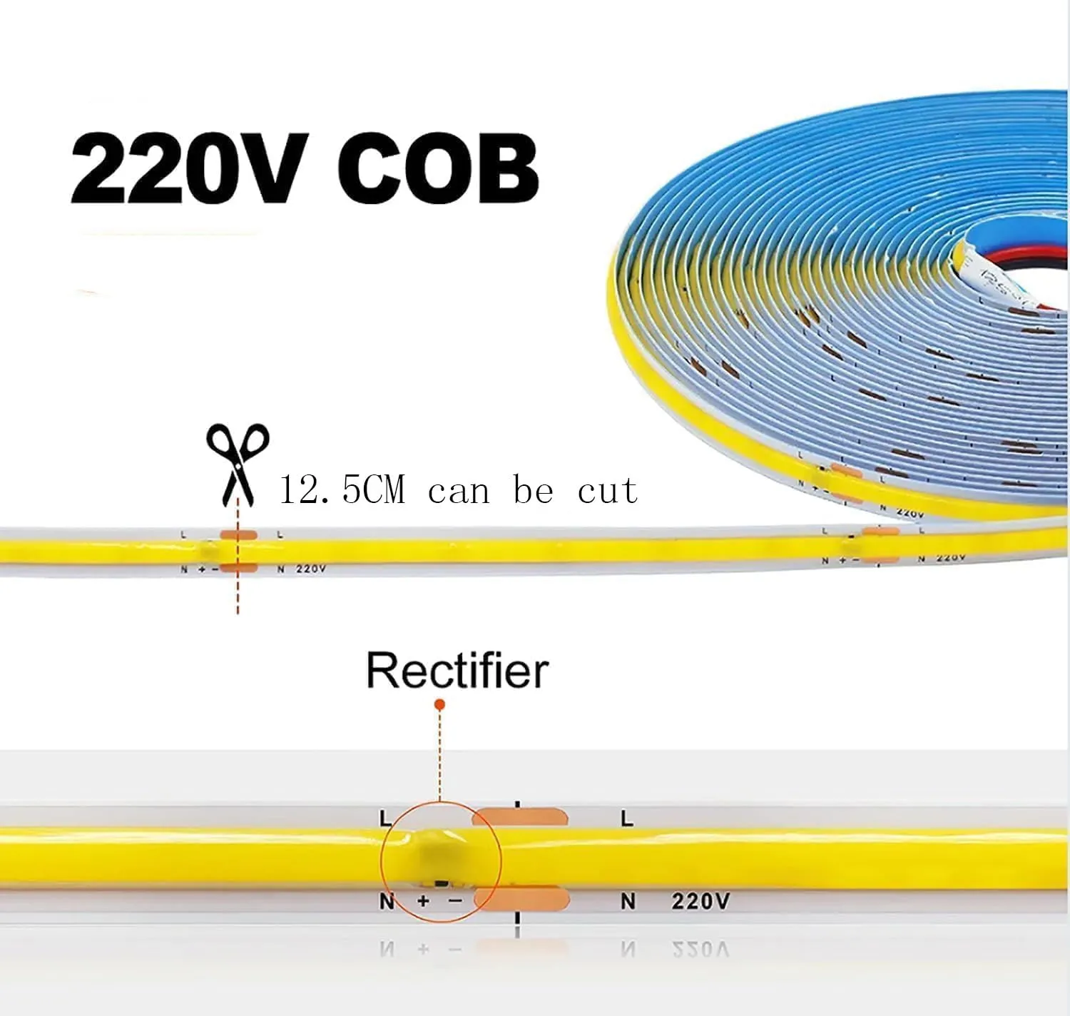 TOPXCDZ 220V COB LED Striscia Luminosa Flessibile Smart IC, 296 LED, RA90, Bianco 6000K, 3m - immagine 3