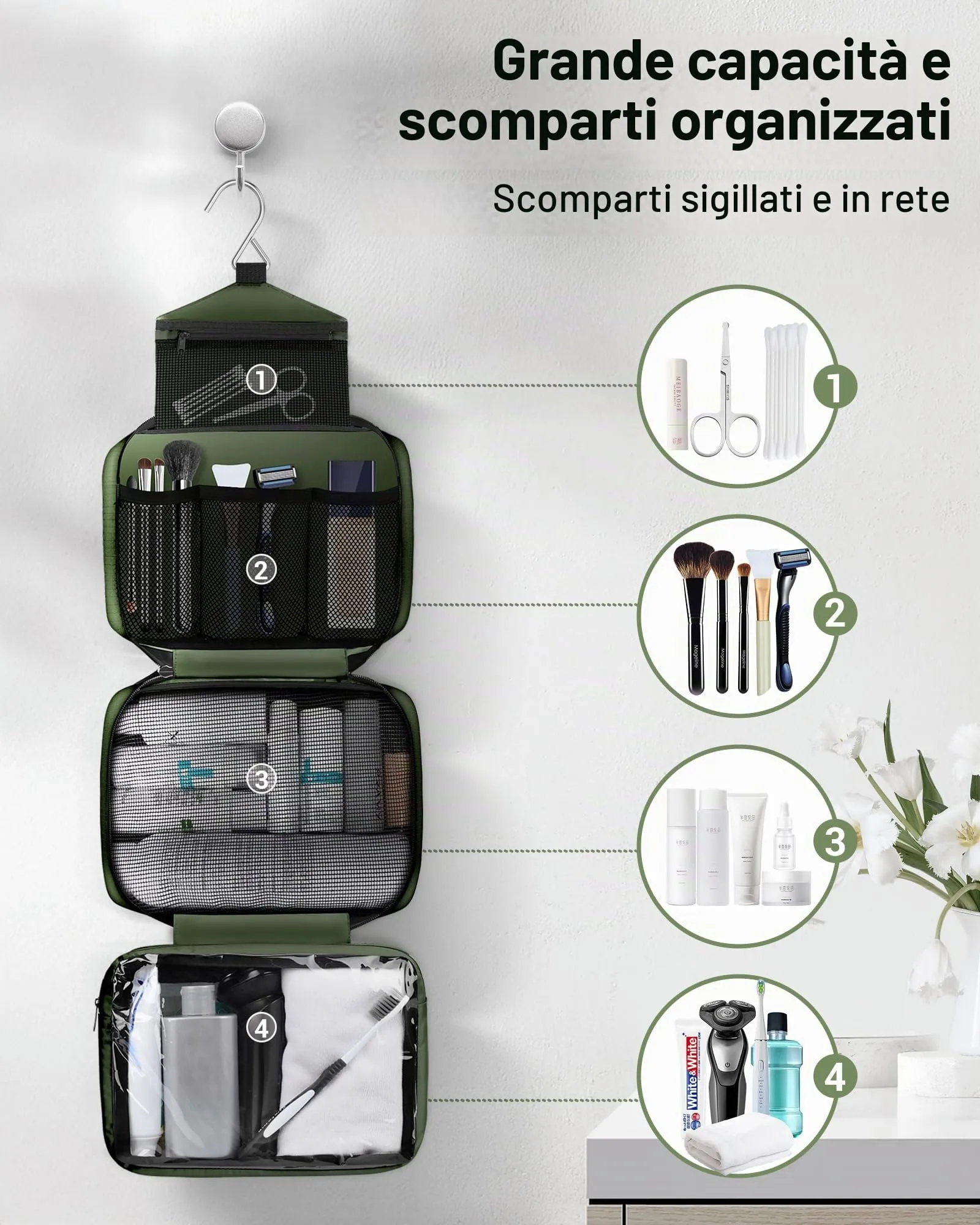 Maliton Trousse da Viaggio Impermeabile con Gancio, 6.8L, Qlive-Green - immagine 2
