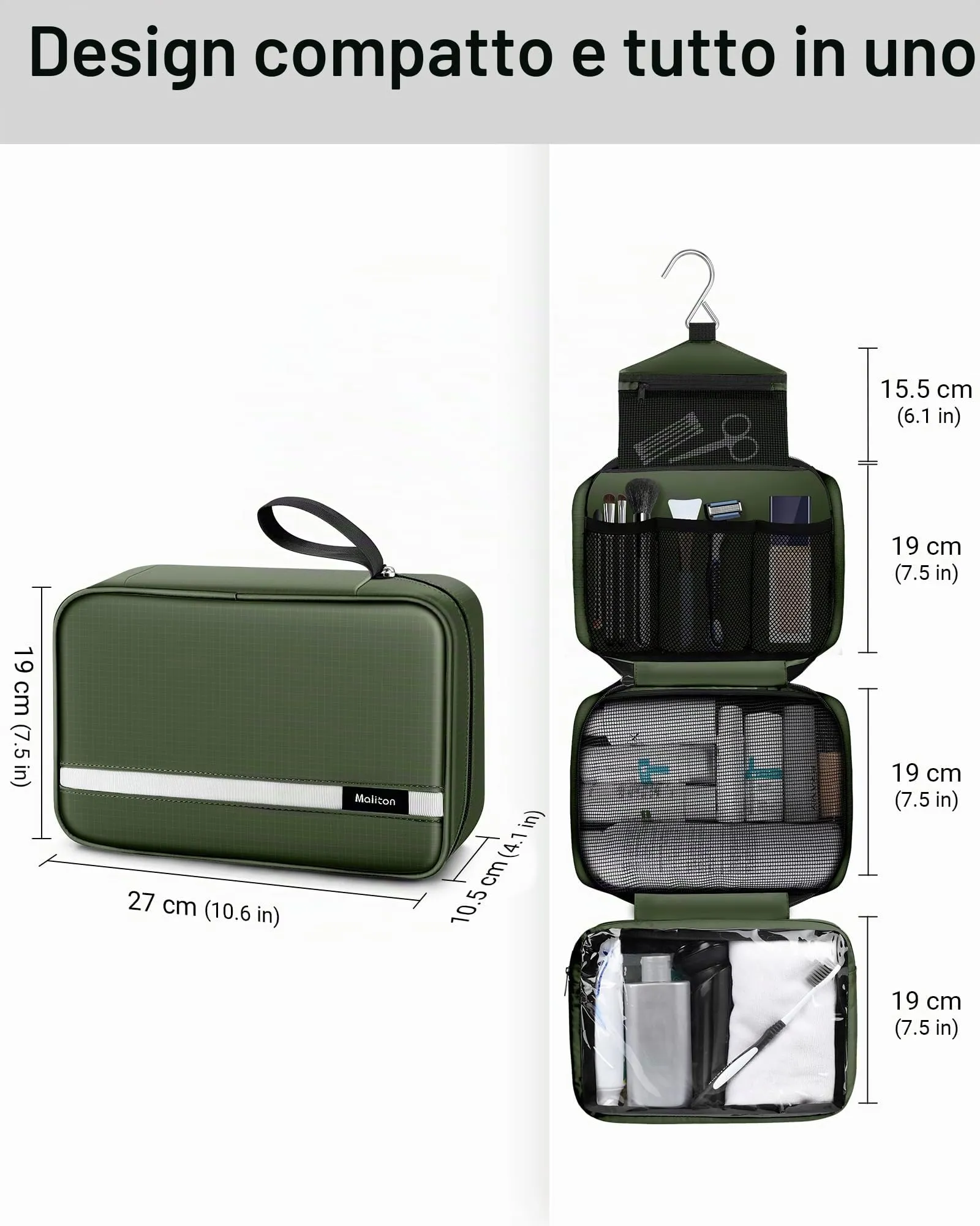 Maliton Trousse da Viaggio Impermeabile con Gancio, 6.8L, Qlive-Green - immagine 3