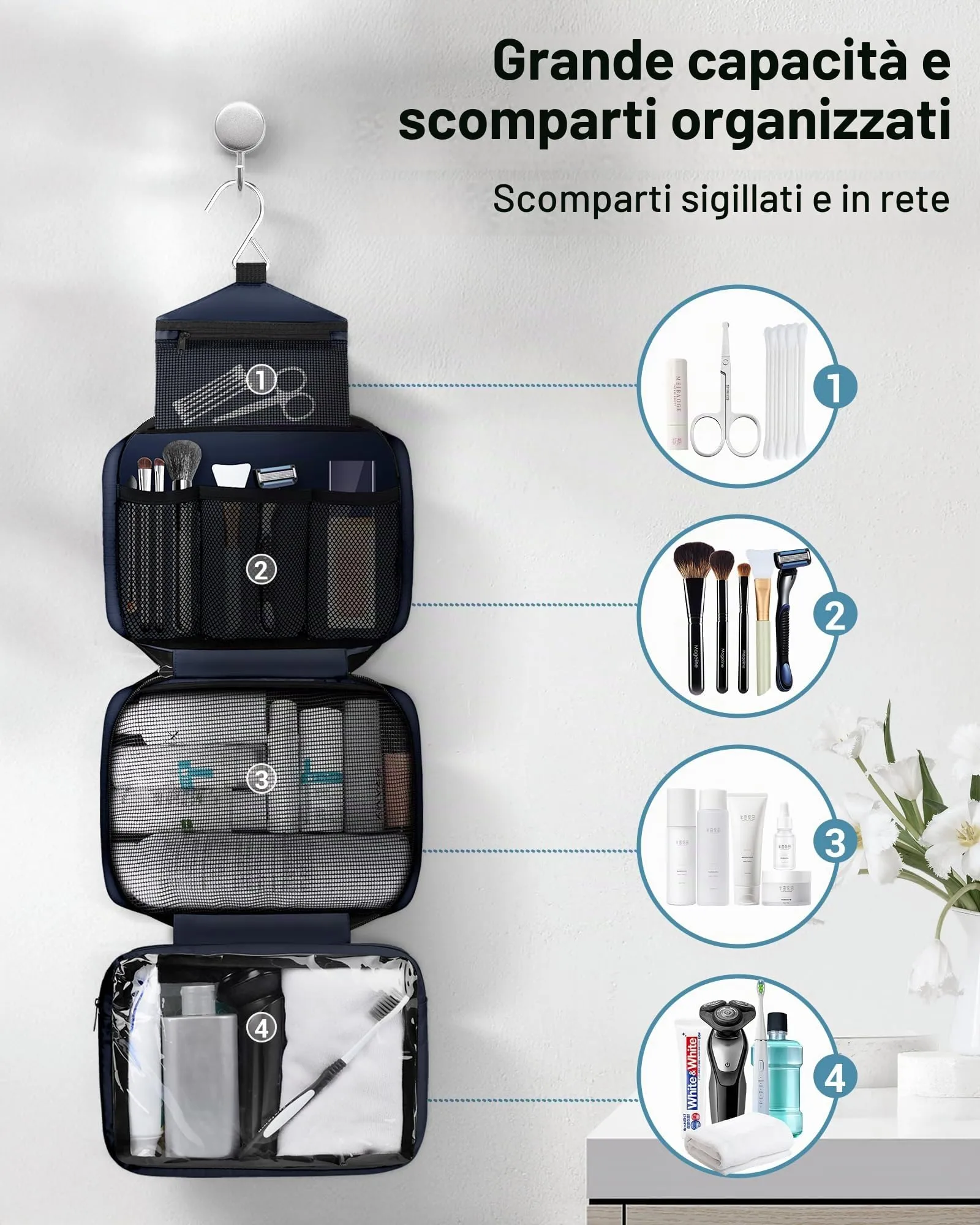 Maliton Beauty Case da Viaggio per Uomo e Donna, Borsa da Toilette Impermeabile con 4 Scomparti e Gancio da Appendere, Blu Navy - immagine 2