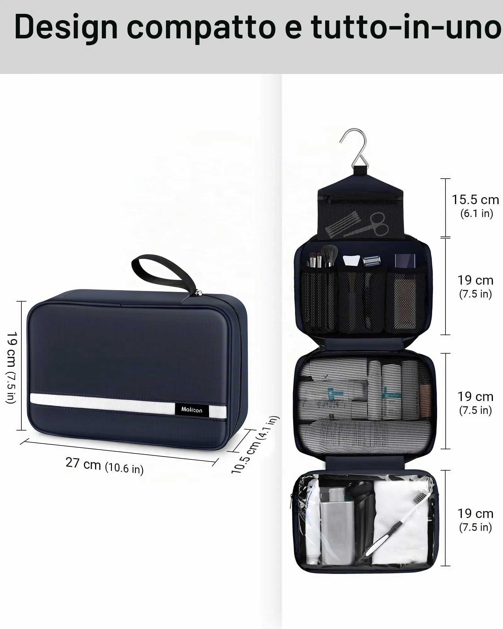 Maliton Beauty Case da Viaggio per Uomo e Donna, Borsa da Toilette Impermeabile con 4 Scomparti e Gancio da Appendere, Blu Navy - immagine 3