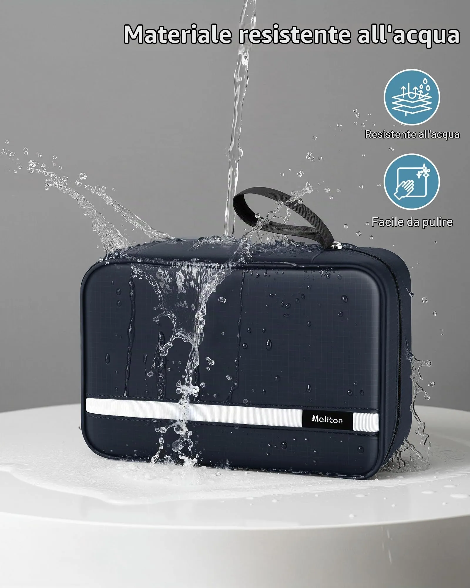 Maliton Beauty Case da Viaggio per Uomo e Donna, Borsa da Toilette Impermeabile con 4 Scomparti e Gancio da Appendere, Blu Navy - immagine 4