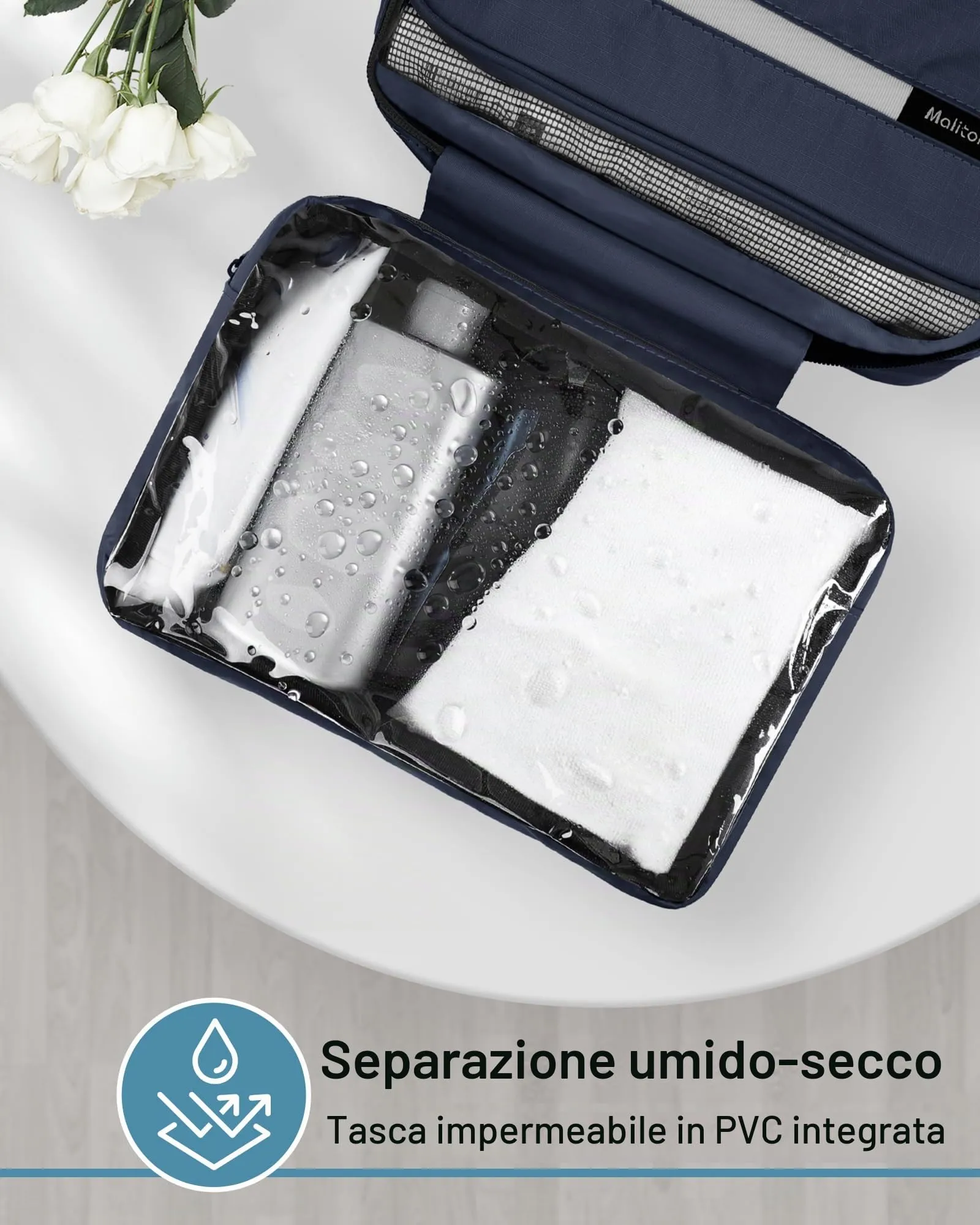 Maliton Beauty Case da Viaggio per Uomo e Donna, Borsa da Toilette Impermeabile con 4 Scomparti e Gancio da Appendere, Blu Navy - immagine 5