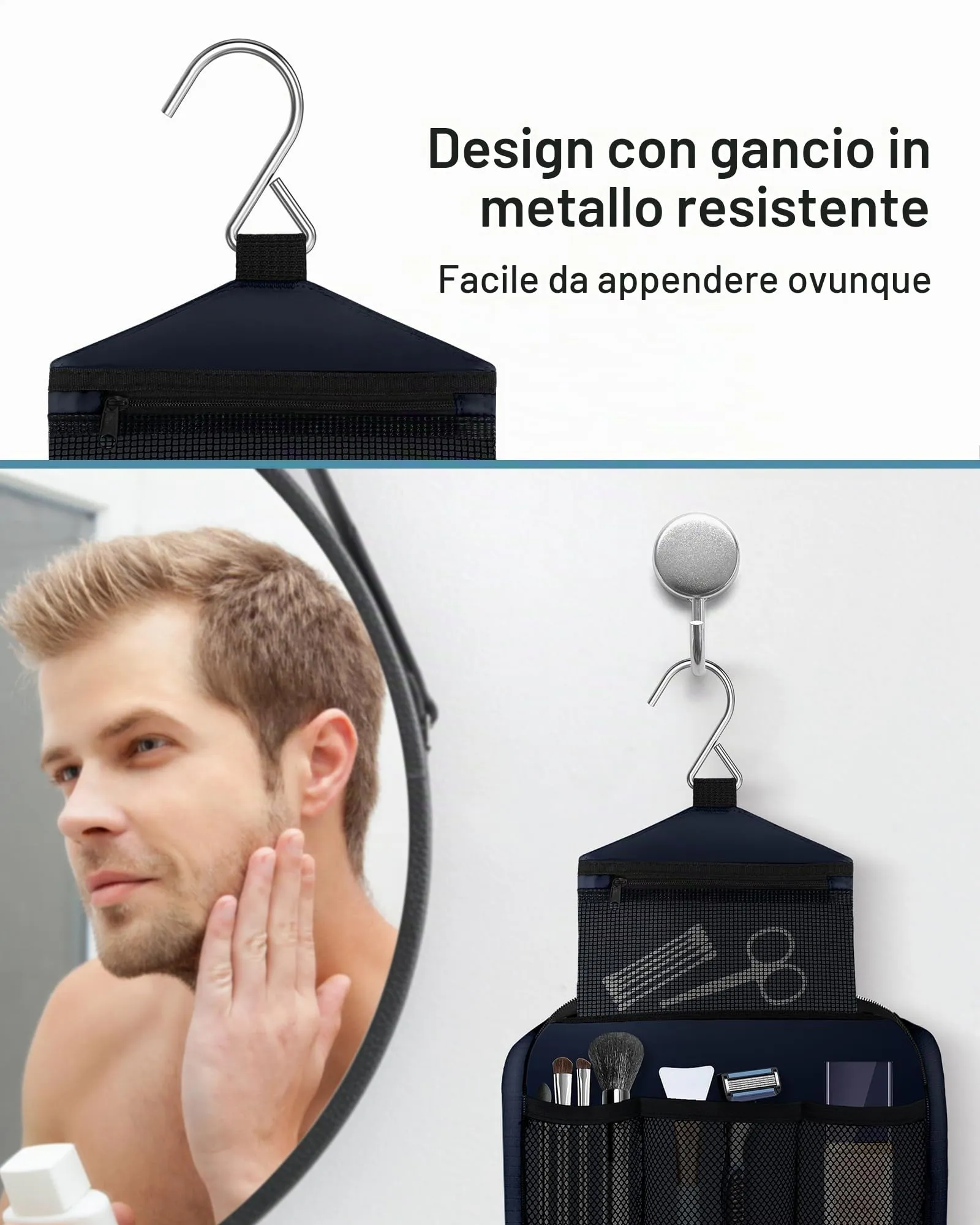 Maliton Beauty Case da Viaggio per Uomo e Donna, Borsa da Toilette Impermeabile con 4 Scomparti e Gancio da Appendere, Blu Navy - immagine 6