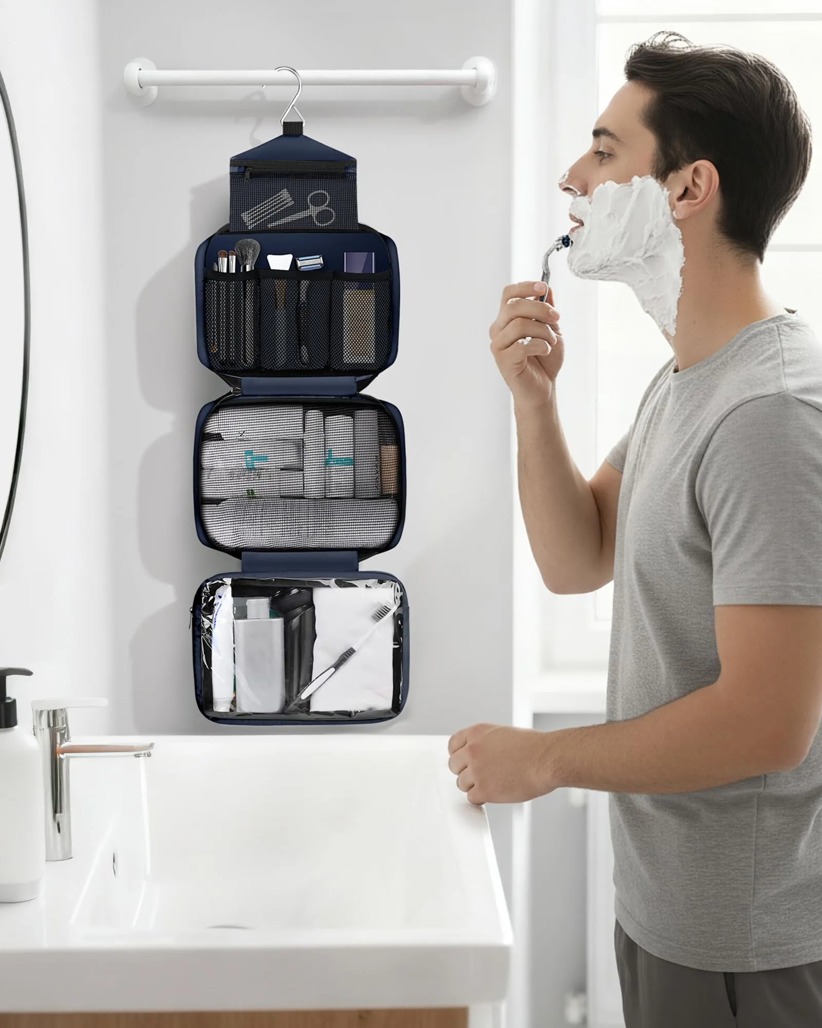 Maliton Beauty Case da Viaggio per Uomo e Donna, Borsa da Toilette Impermeabile con 4 Scomparti e Gancio da Appendere, Blu Navy - immagine 7