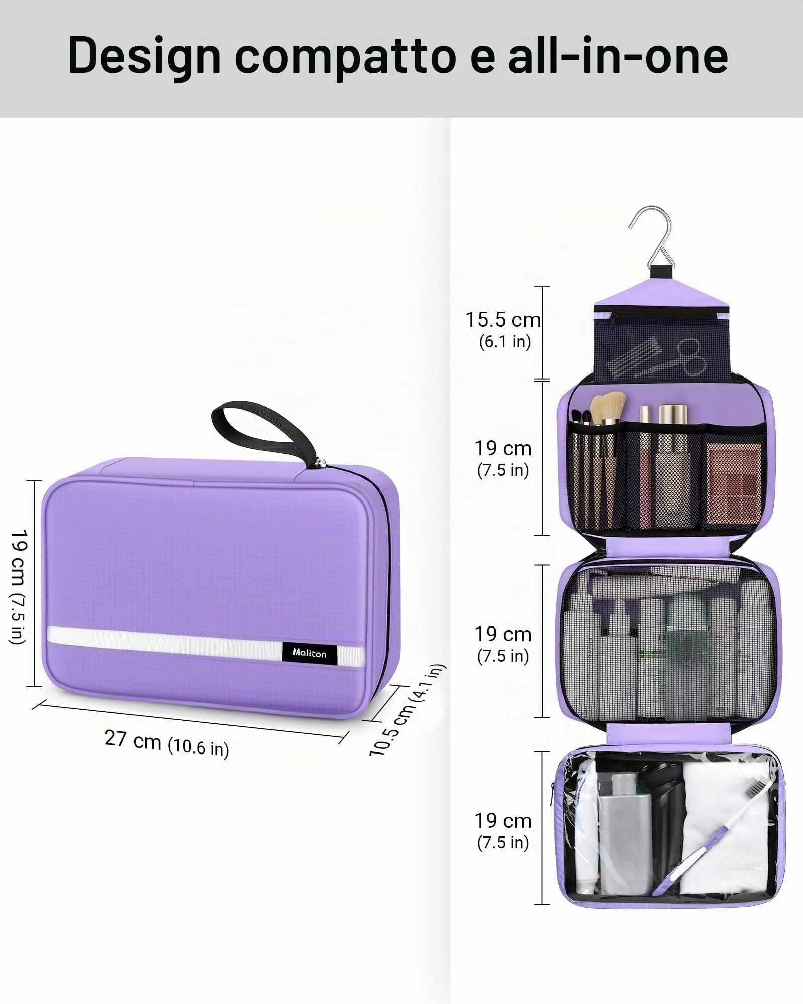 Maliton Borsa da toilette sospesa, Viola, 29 x 12 x 19 cm - immagine 3