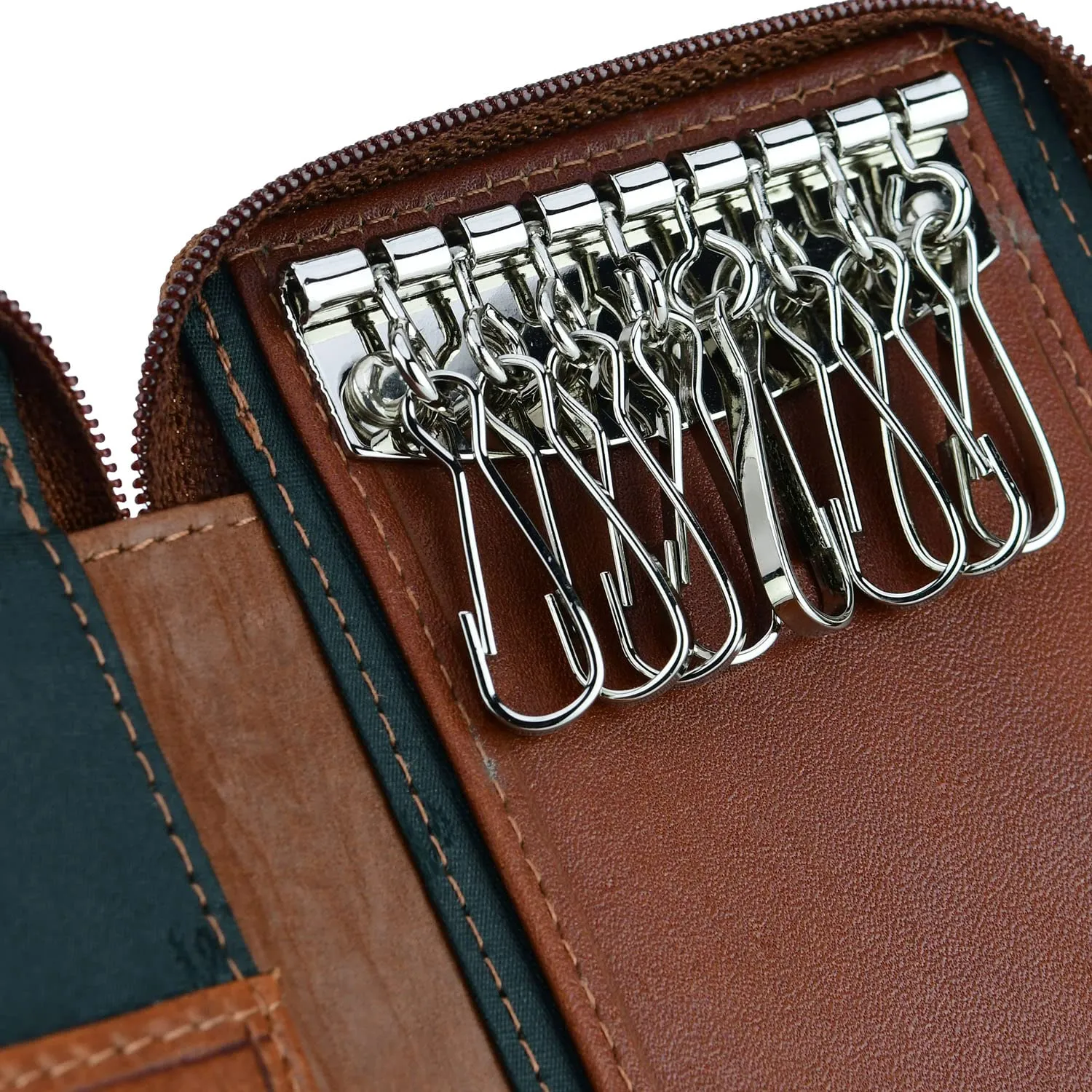 CM Conte Massimo Portachiavi in Vera Pelle con Cerniera, Ganci e Tasche - Marrone Grande - immagine 2