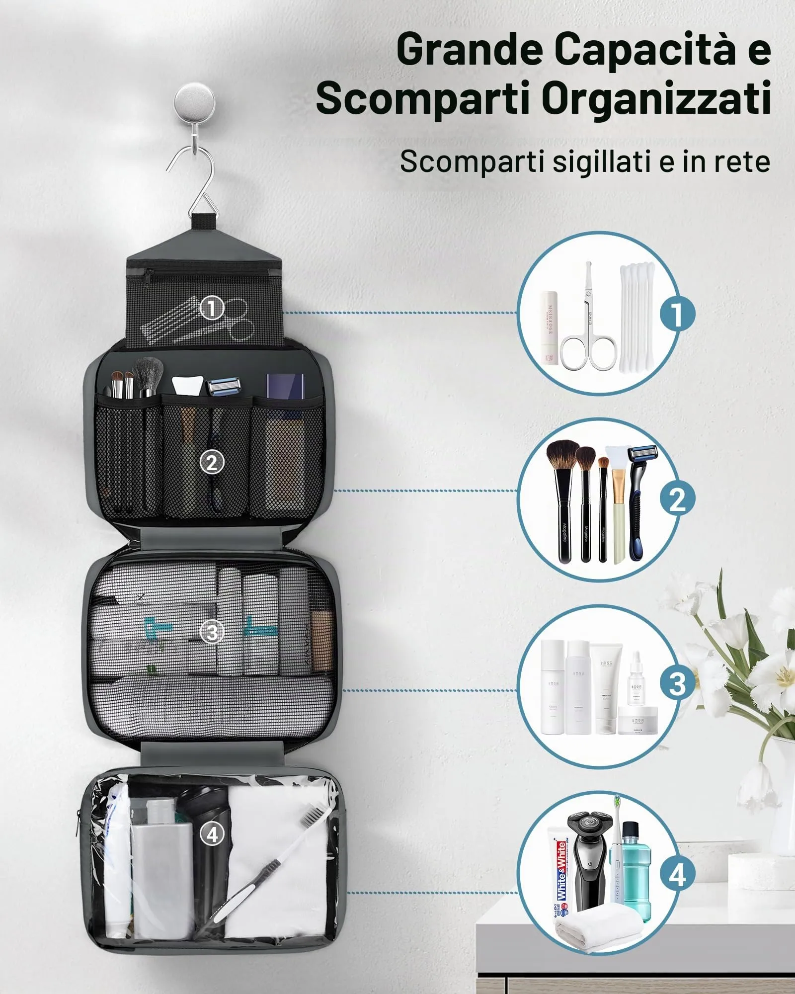 Maliton Beauty Case da Viaggio per Uomo e Donna, Borsa da Toilette Impermeabile da Appendere con 4 Scomparti, Grigio - immagine 2