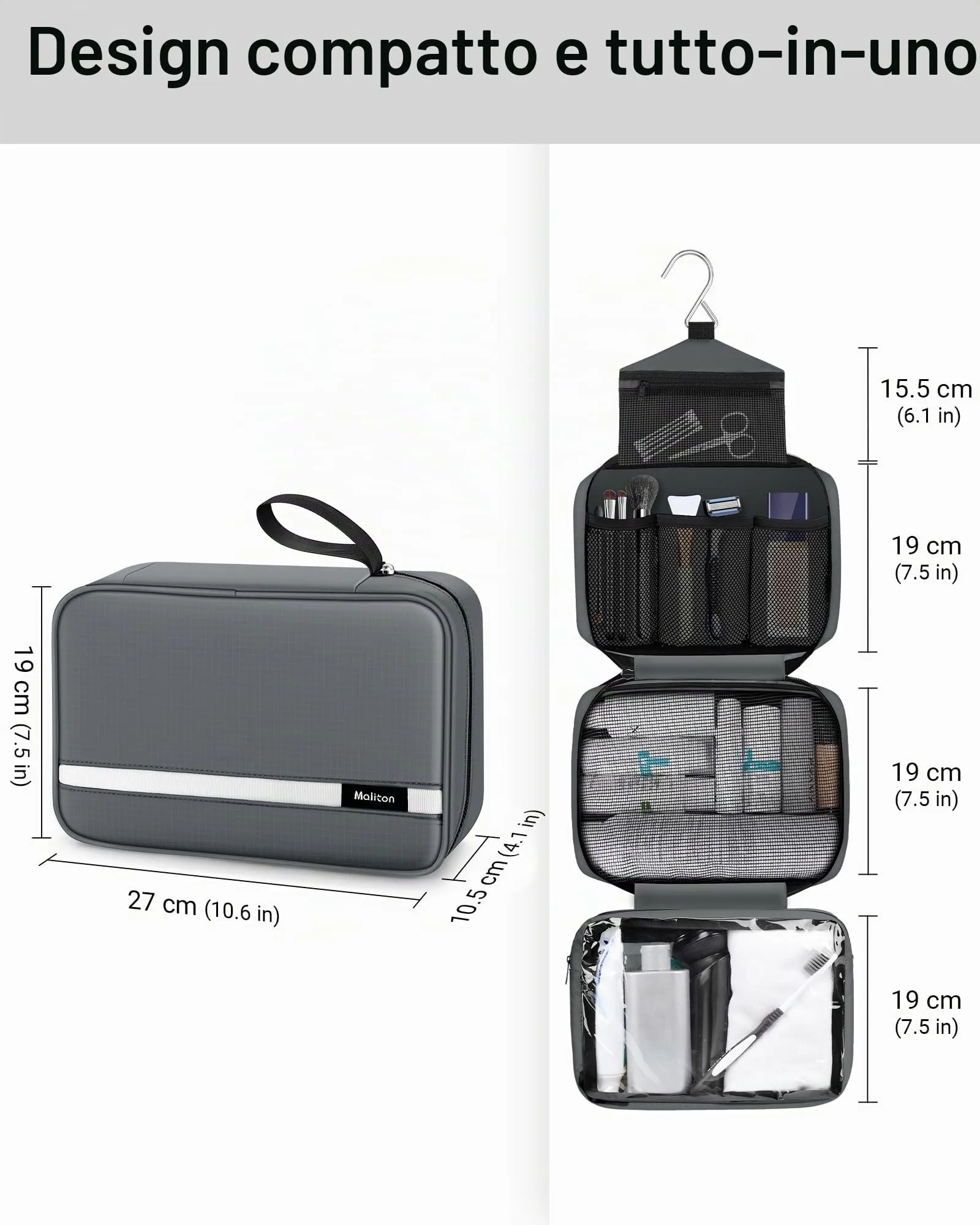 Maliton Beauty Case da Viaggio per Uomo e Donna, Borsa da Toilette Impermeabile da Appendere con 4 Scomparti, Grigio - immagine 3