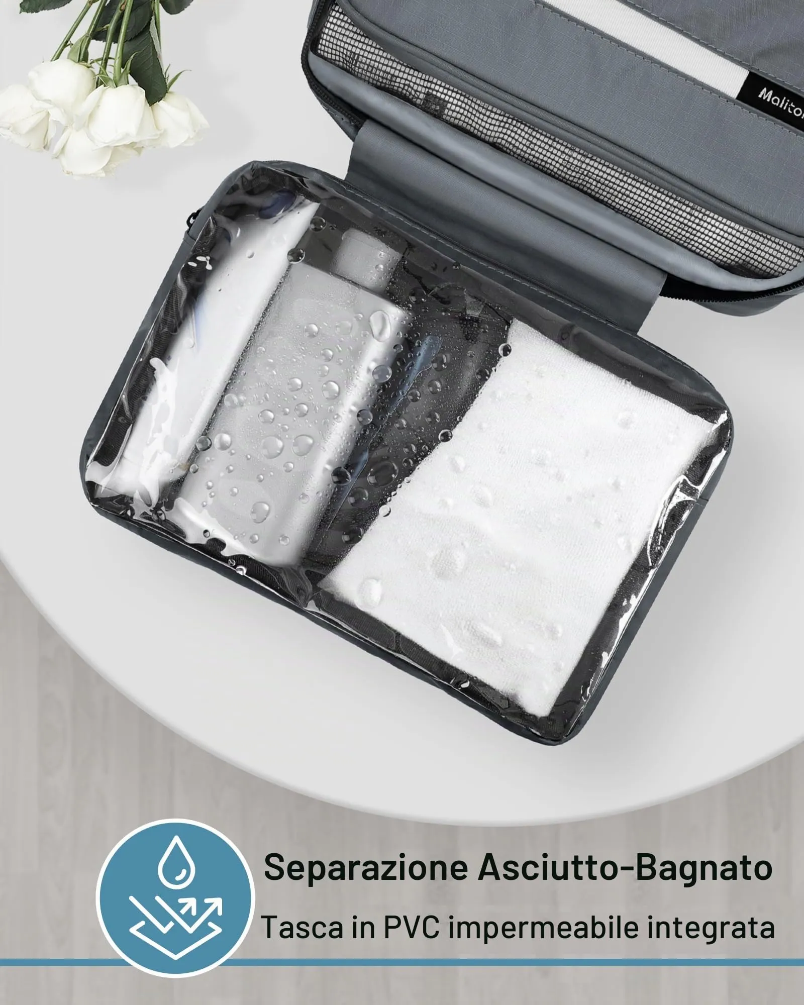 Maliton Beauty Case da Viaggio per Uomo e Donna, Borsa da Toilette Impermeabile da Appendere con 4 Scomparti, Grigio - immagine 5