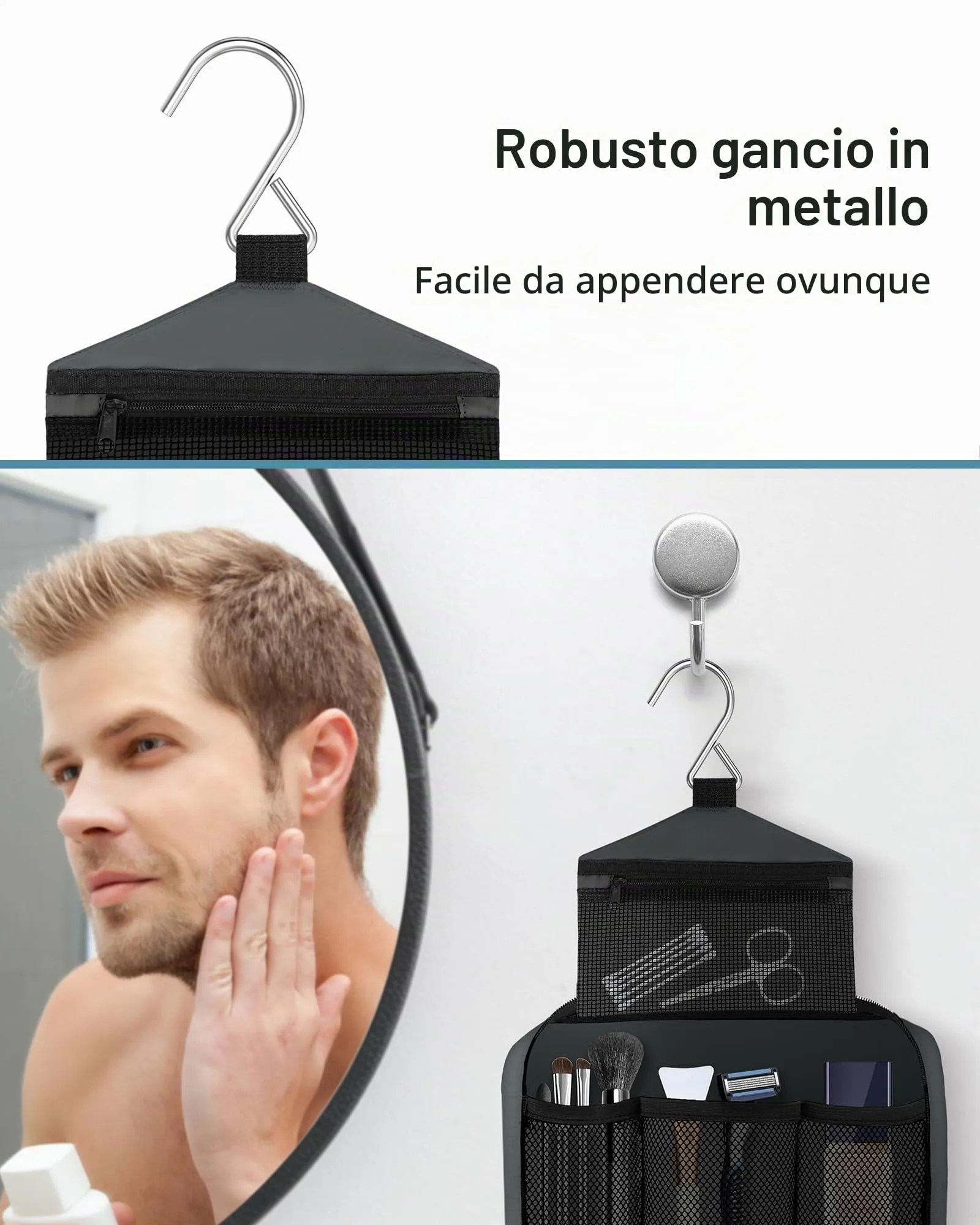 Maliton Beauty Case da Viaggio per Uomo e Donna, Borsa da Toilette Impermeabile da Appendere con 4 Scomparti, Grigio - immagine 6