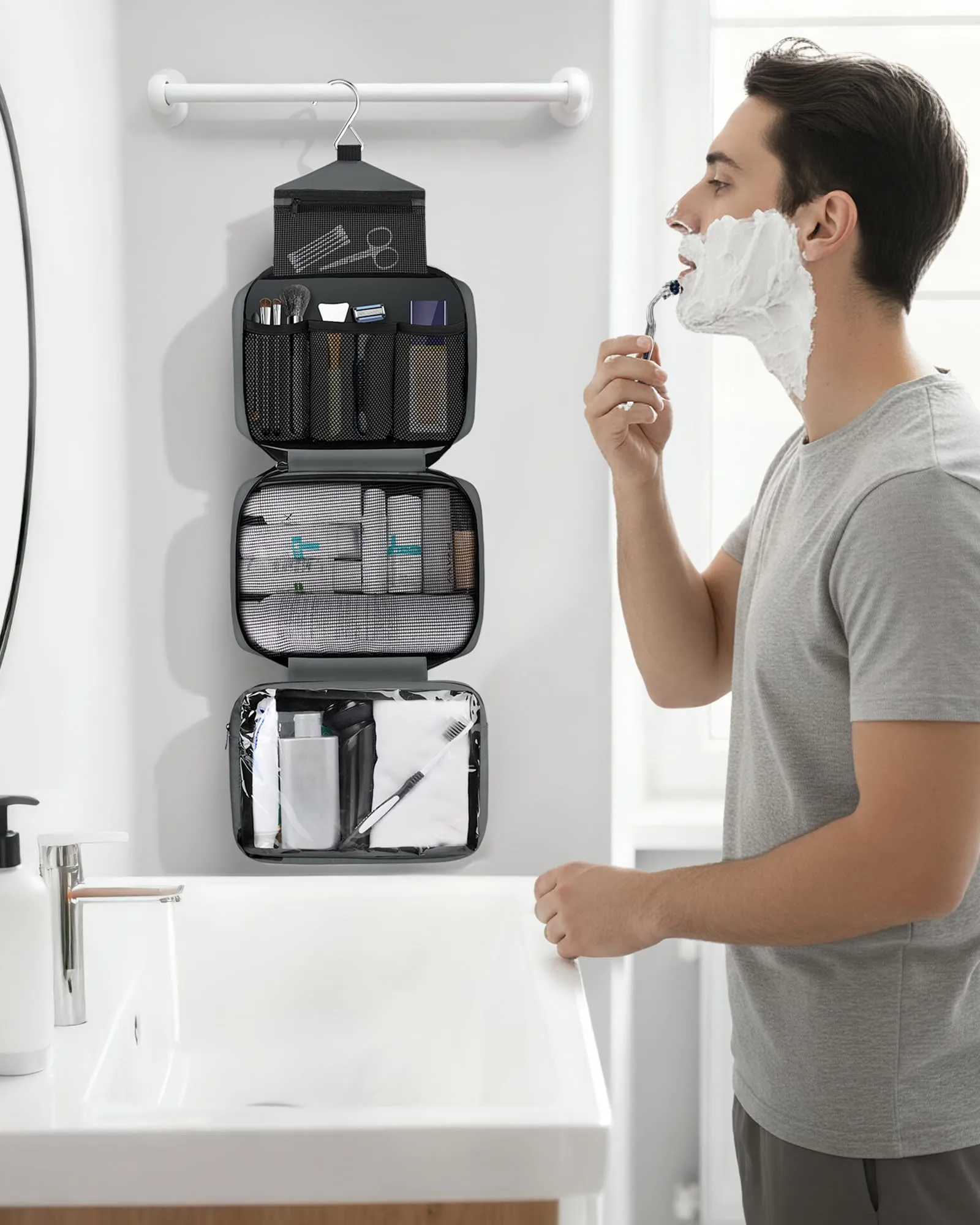Maliton Beauty Case da Viaggio per Uomo e Donna, Borsa da Toilette Impermeabile da Appendere con 4 Scomparti, Grigio - immagine 7