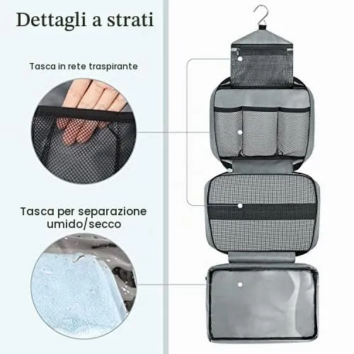Maliton Beauty Case da Viaggio per Uomo e Donna, Borsa da Toilette Impermeabile da Appendere con 4 Scomparti, Grigio - immagine 8