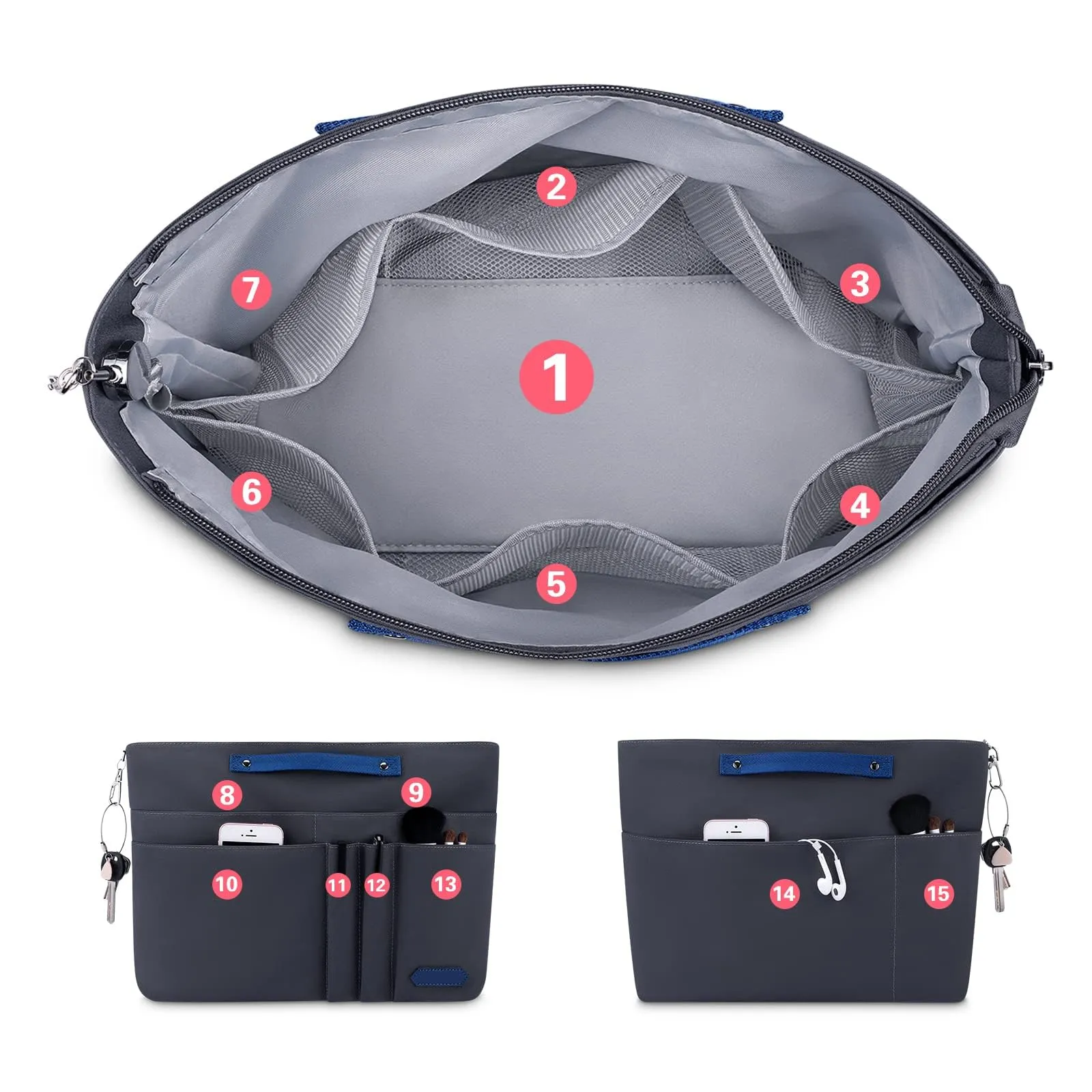 HyFanStr Organizer da Borsa in Poliestere Impermeabile con Chiusura Cerniera e Portachiavi, Grigio Scuro (M) - immagine 3