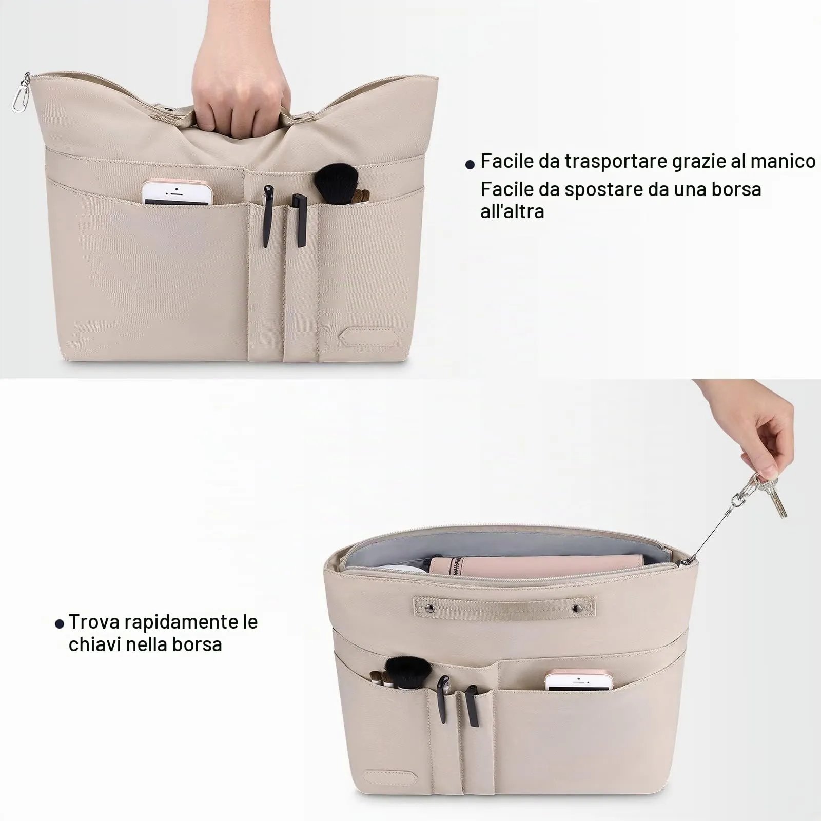 HyFanStr Organizer da Borsa Donna in Poliestere Impermeabile con Chiusura Cerniera e Portachiavi, Beige (L) - immagine 5