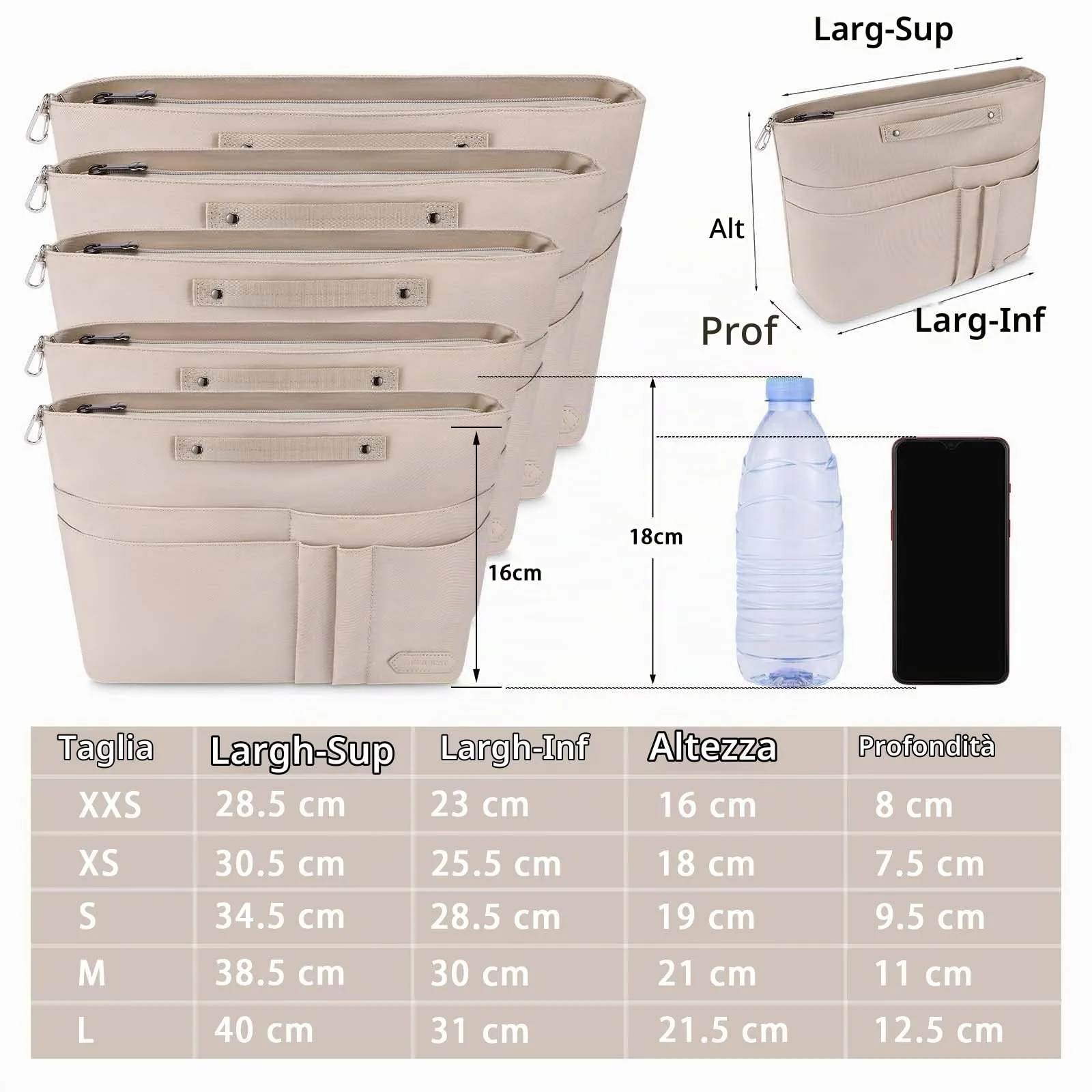 HyFanStr Organizer Interno per Borsa in Poliestere Impermeabile con Cerniera e Portachiavi, Beige (M) - immagine 2