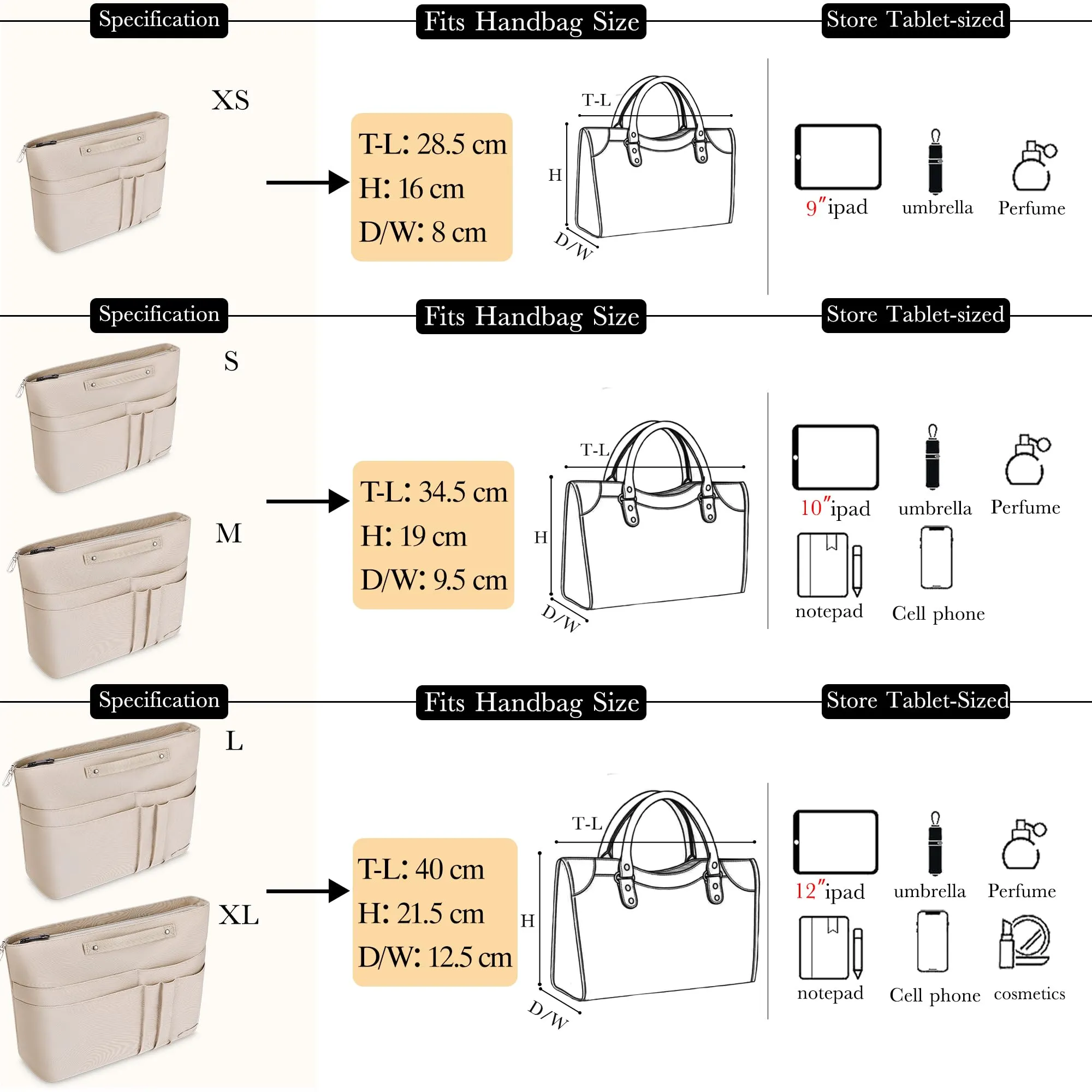 HyFanStr Organizer Interno per Borsa in Poliestere Impermeabile con Cerniera e Portachiavi, Beige (M) - immagine 6