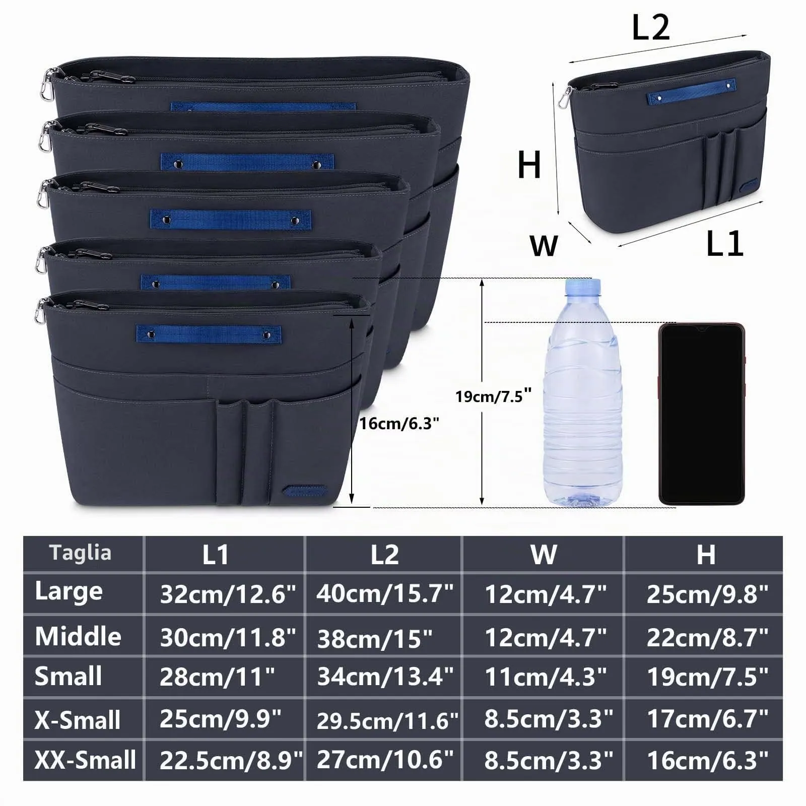 HyFanStr Organizer da Borsa in Poliestere Impermeabile con Chiusura Cerniera e Portachiavi, Grigio Scuro (L) - immagine 4