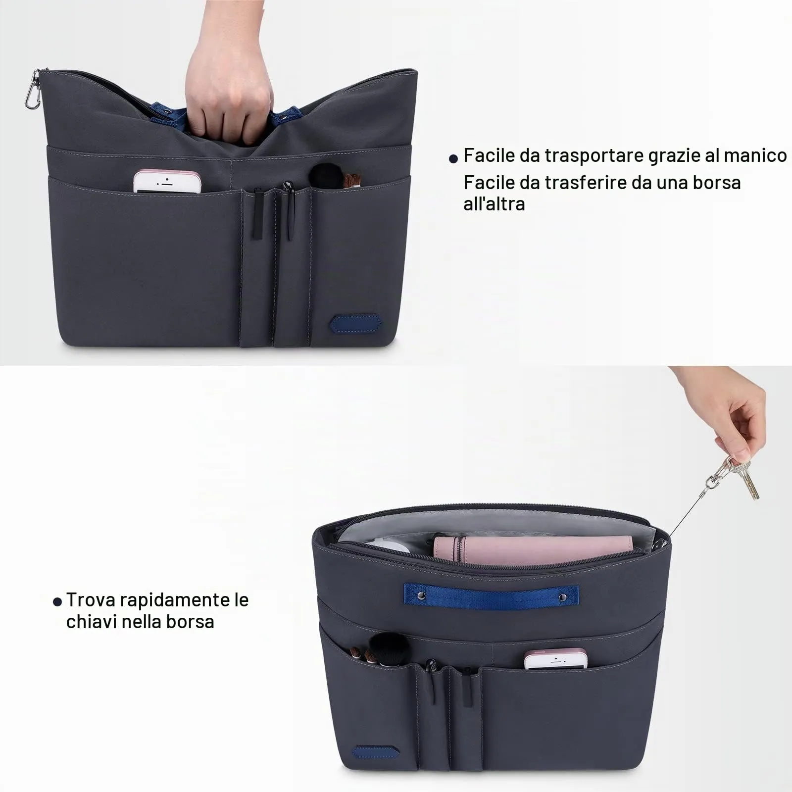 HyFanStr Organizer da Borsa in Poliestere Impermeabile con Chiusura Cerniera e Portachiavi, Grigio Scuro (L) - immagine 5