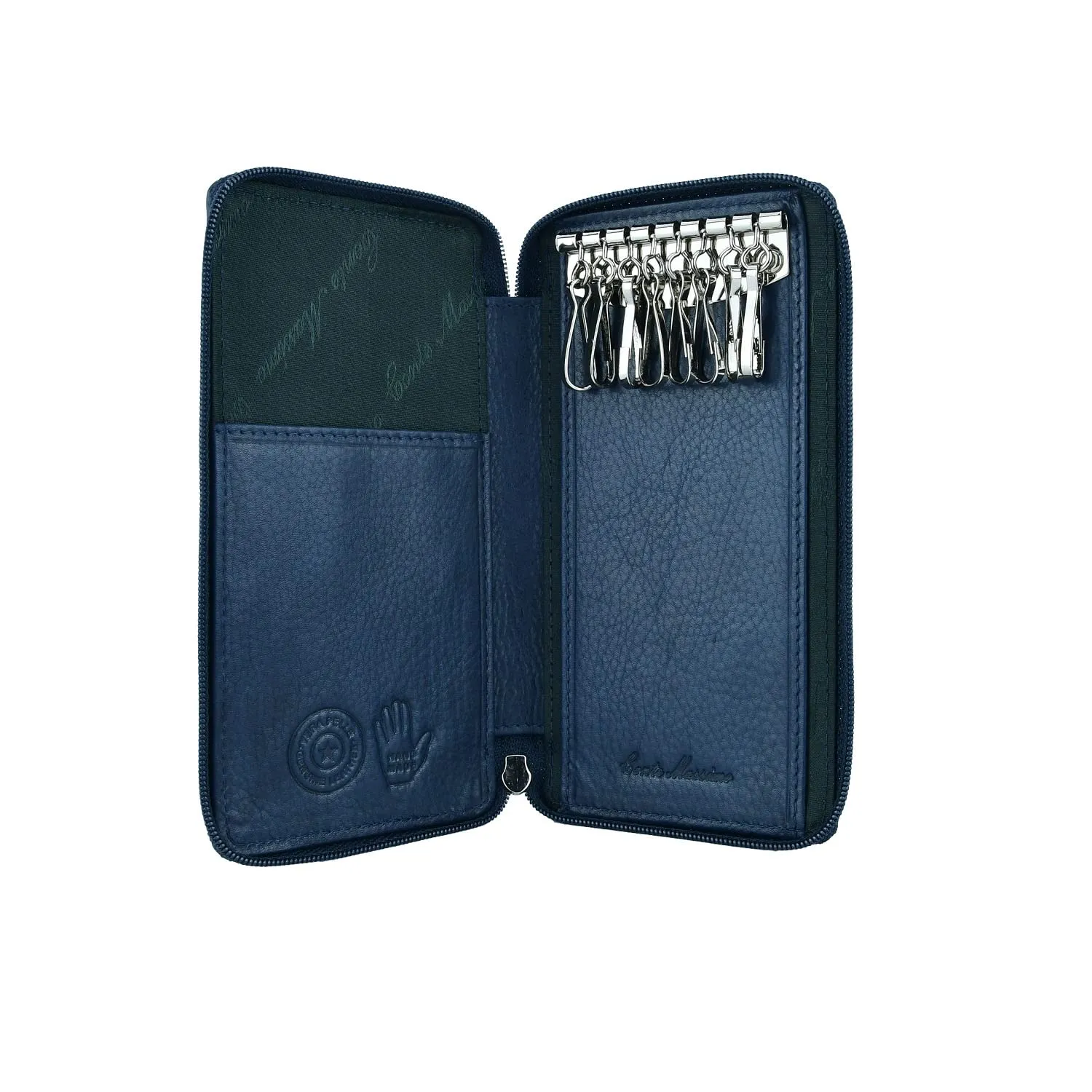 Conte Massimo Portachiavi in Vera Pelle con Cerniera, Ganci e Tasche, Blu Grande - immagine 2