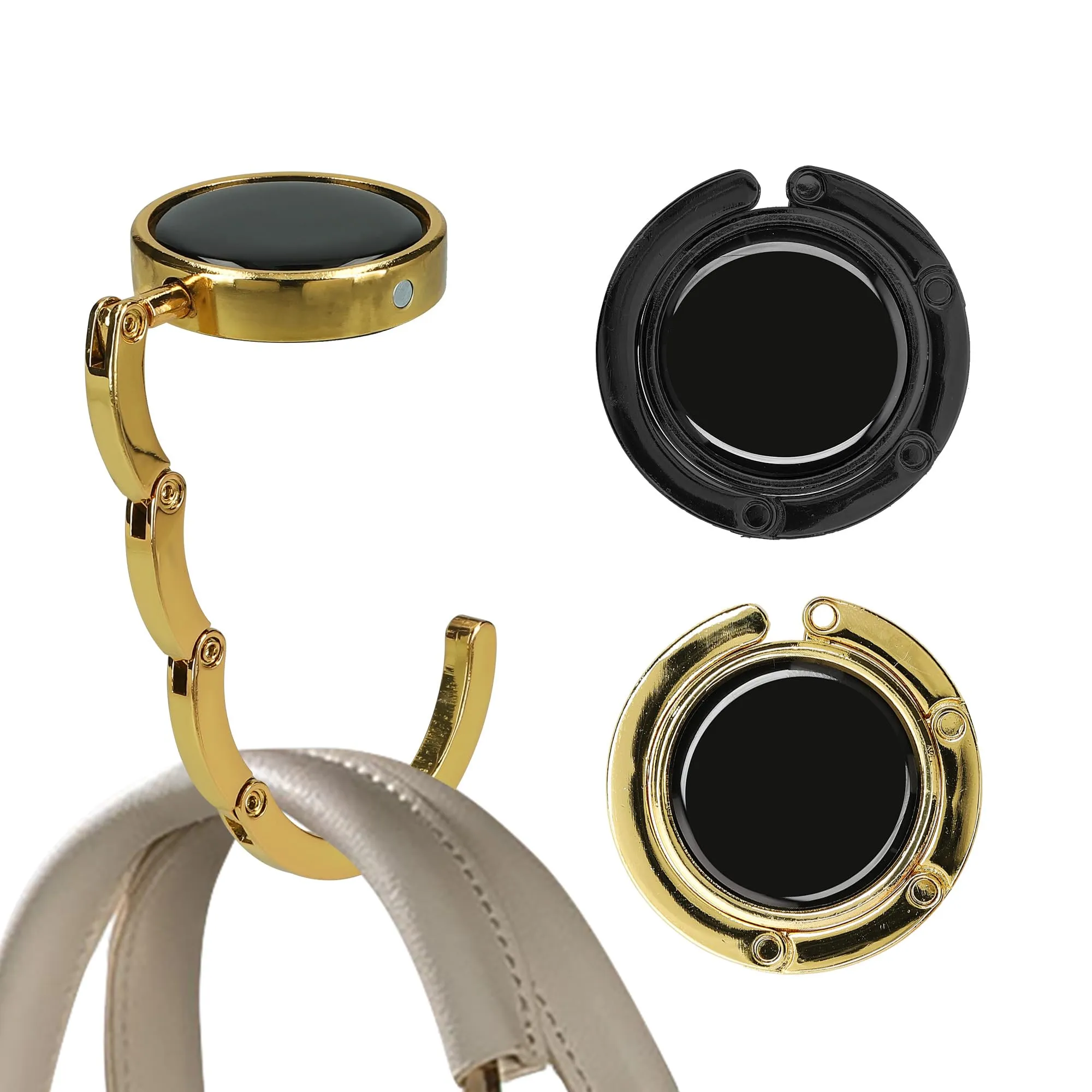 kwmobile Set 2x Gancio Borsa da Tavolo Pieghevole Antiscivolo Antigraffio, Nero/Oro - immagine 8