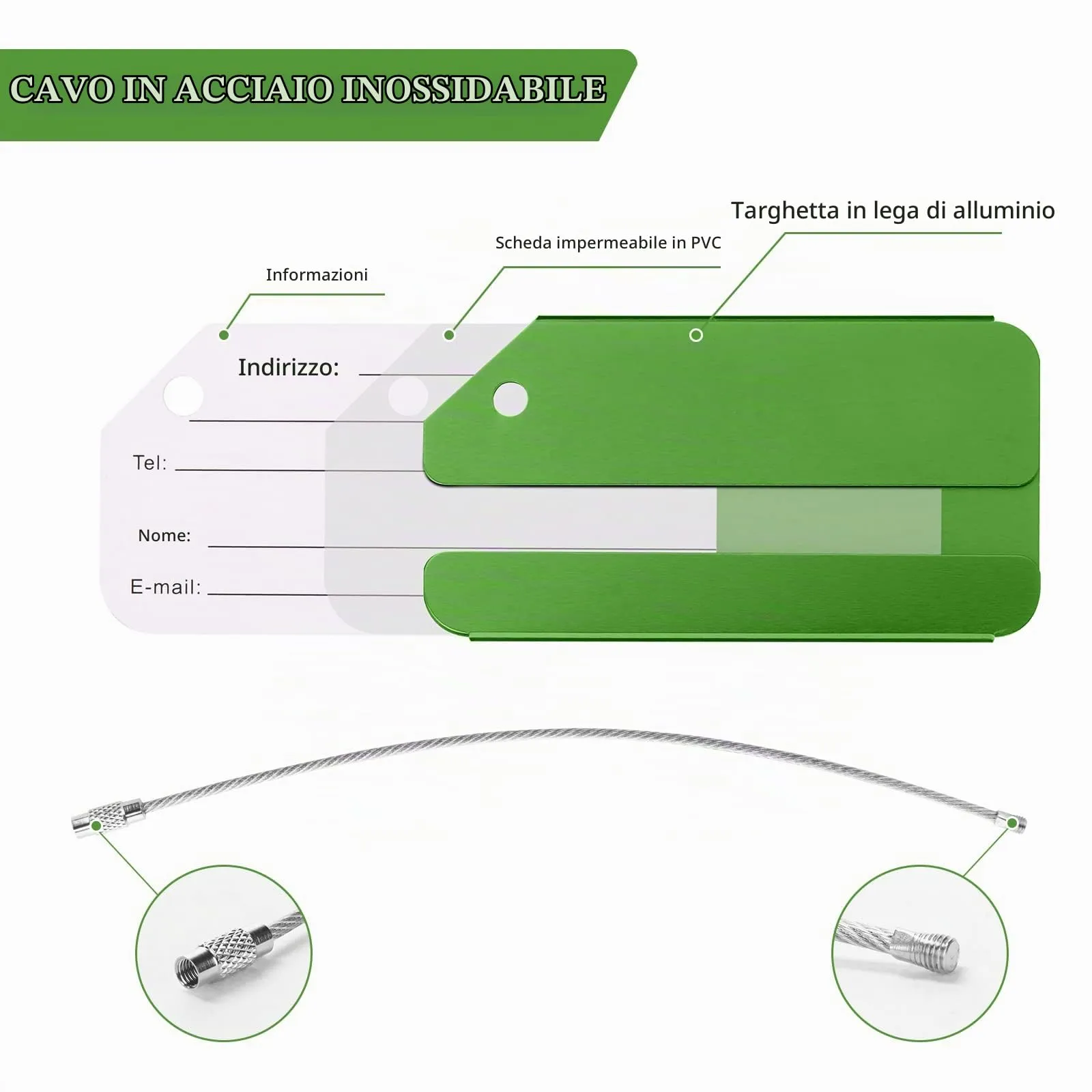 Flintronic Etichette per Valigie in Alluminio, 2 Pezzi, Verde - immagine 3