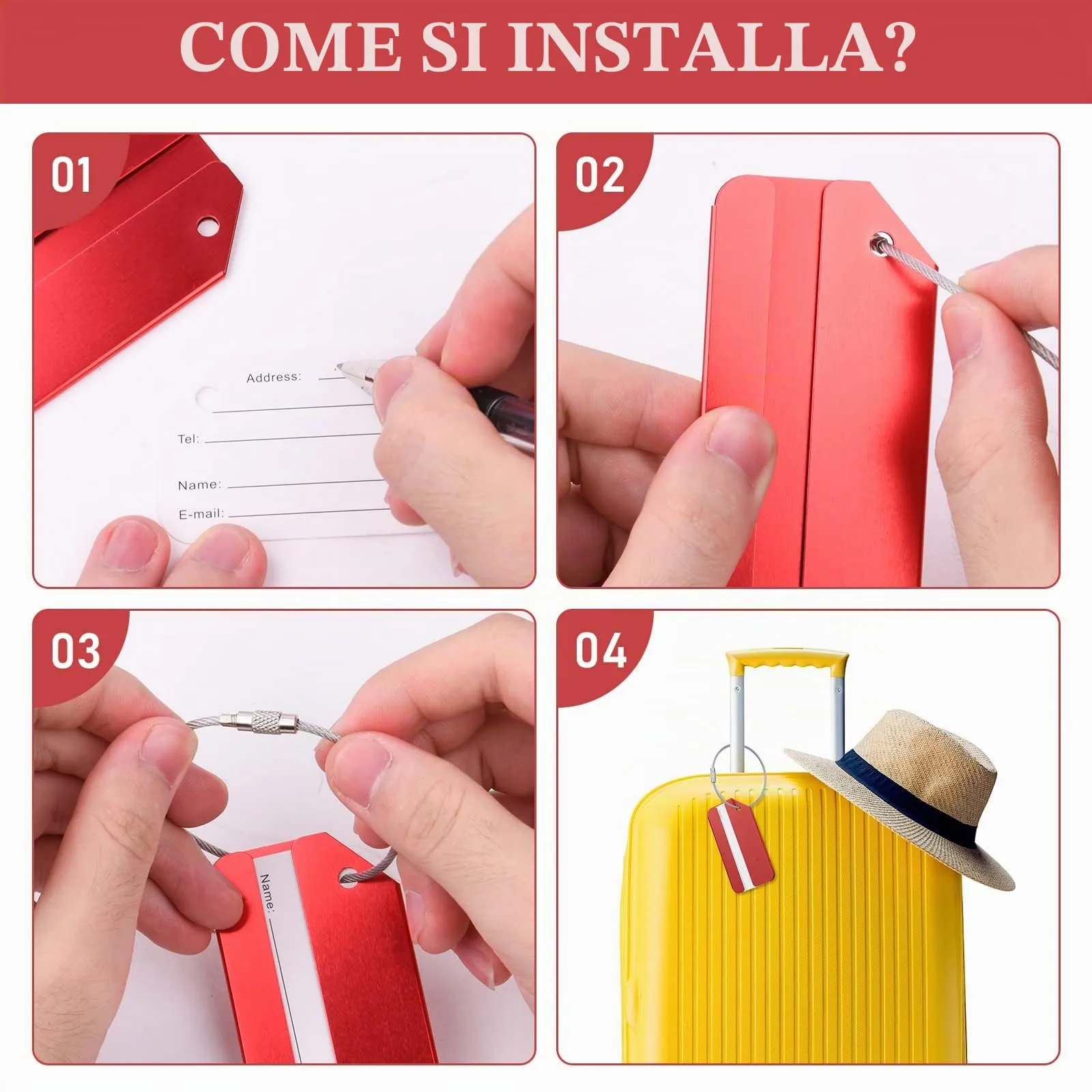 Flintronic Etichette per Valigie in Alluminio, 2 Pezzi - Rosso - immagine 3