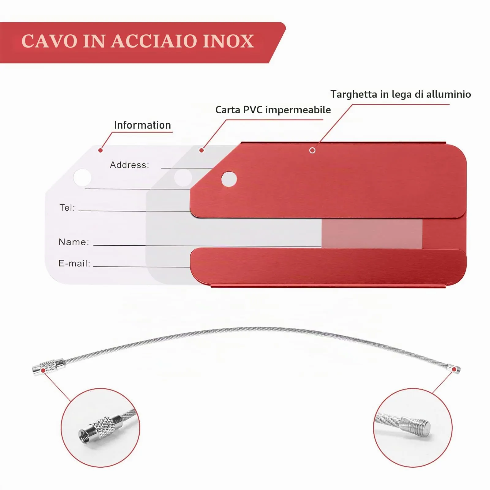 Flintronic Etichette per Valigie in Alluminio, 2 Pezzi - Rosso - immagine 4