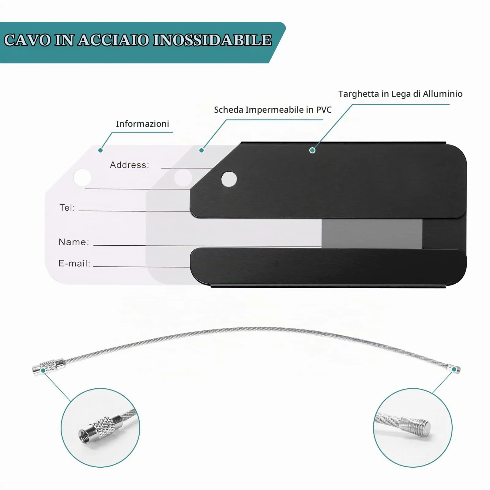 Flintronic Etichette per Valigie in Alluminio, 2 Pezzi, Nero+Argento - immagine 3