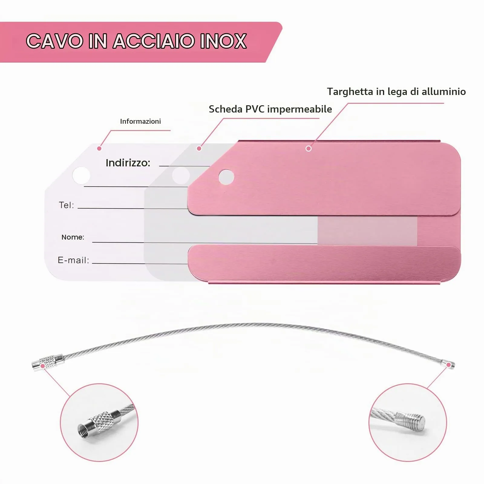 Flintronic Etichette per Valigie in Alluminio, 2 Pezzi, Rosa - immagine 3