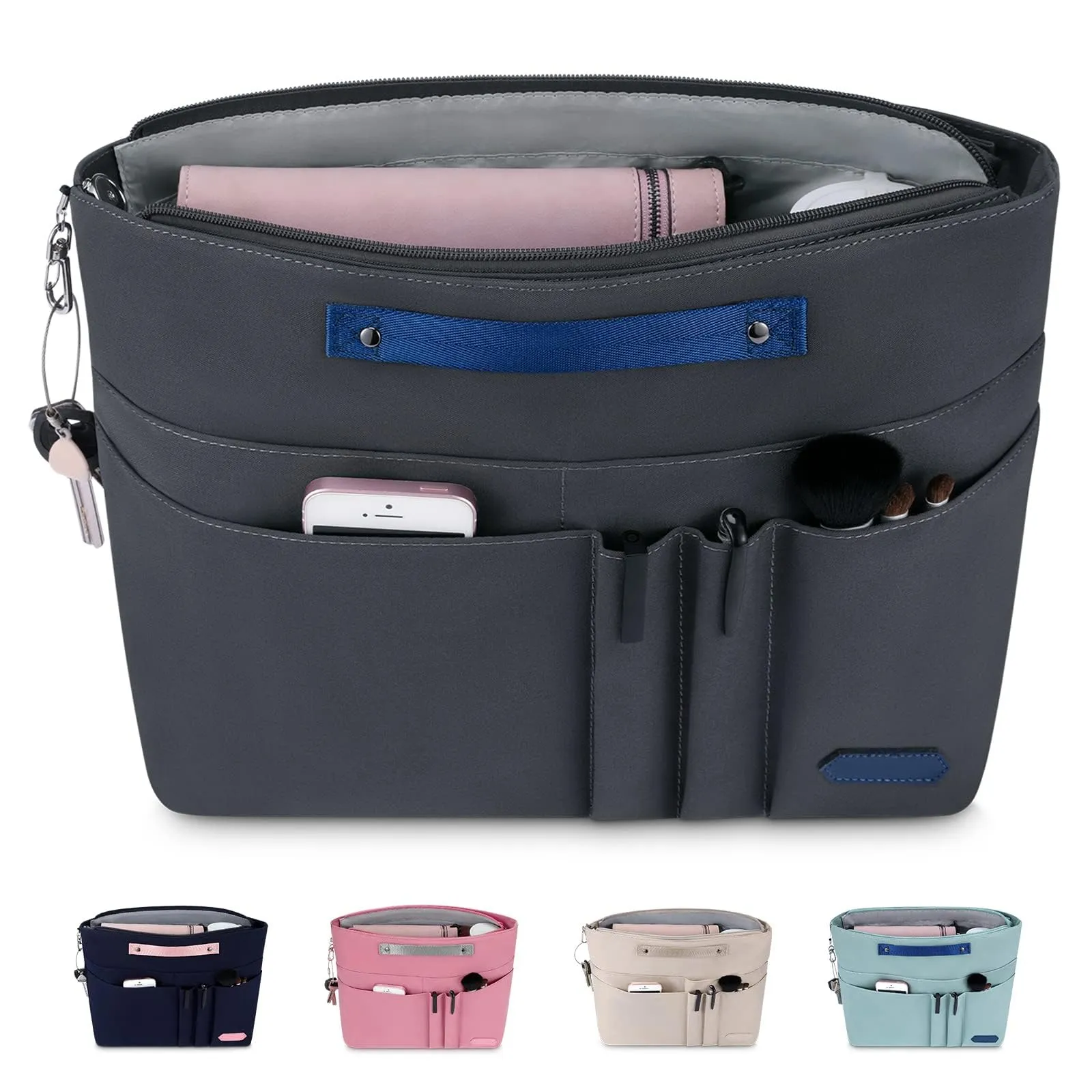 HyFanStr Organizer da Borsa Donna in Poliestere Impermeabile con Chiusura Cerniera e Portachiavi, Grigio Scuro, XS - immagine 1
