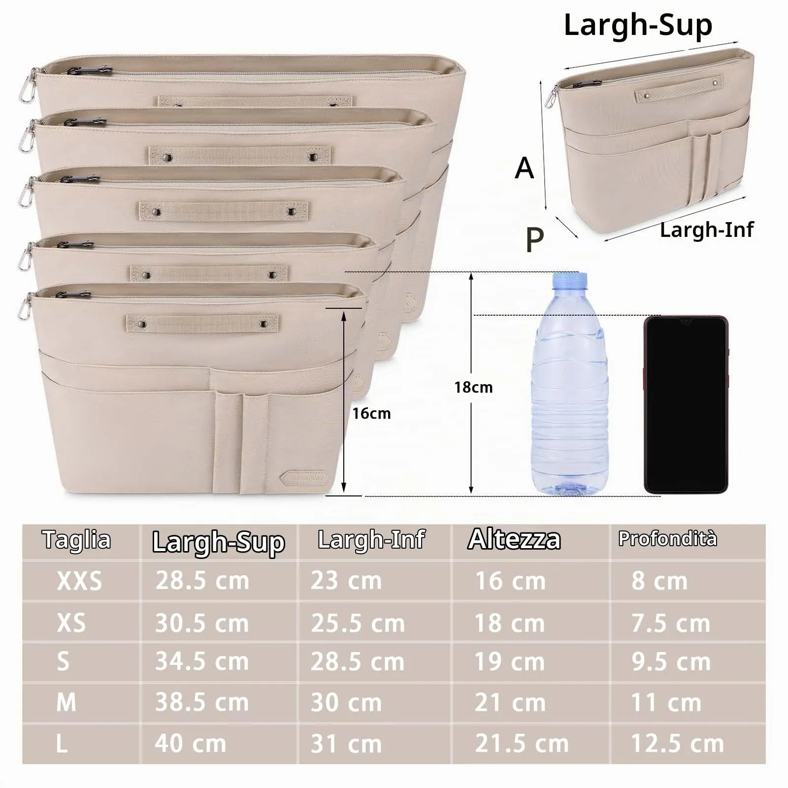 HyFanStr Organizer Interno per Borsa in Poliestere Impermeabile con Chiusura Cerniera e Portachiavi, Beige (XS) - immagine 2