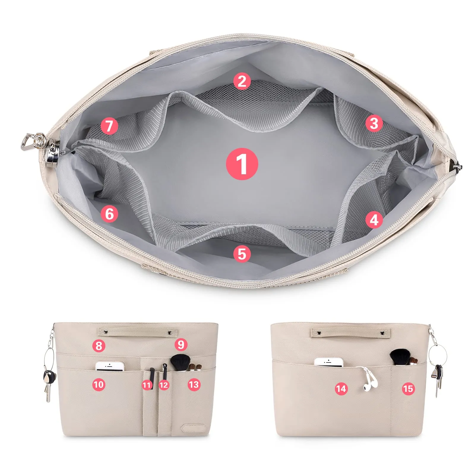 HyFanStr Organizer Interno per Borsa in Poliestere Impermeabile con Chiusura Cerniera e Portachiavi, Beige (XS) - immagine 3
