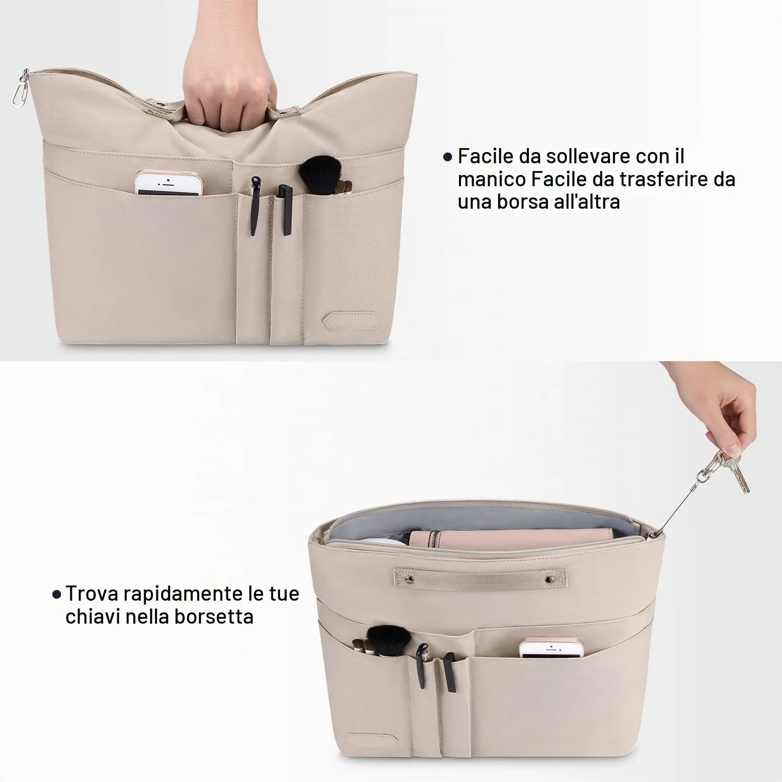 HyFanStr Organizer Interno per Borsa in Poliestere Impermeabile con Chiusura Cerniera e Portachiavi, Beige (XS) - immagine 5
