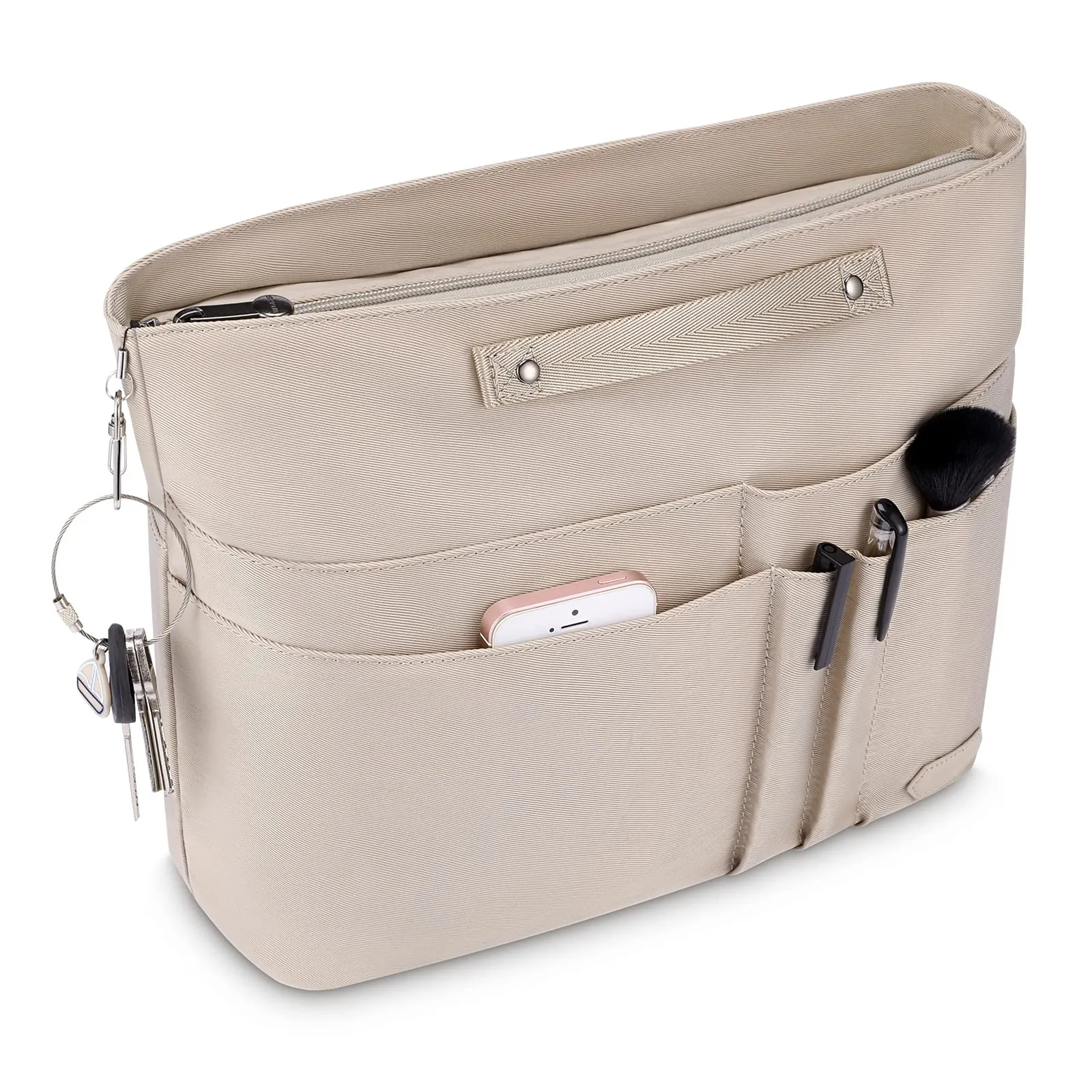 HyFanStr Organizer Interno per Borsa in Poliestere Impermeabile con Chiusura Cerniera e Portachiavi, Beige (XS) - immagine 7