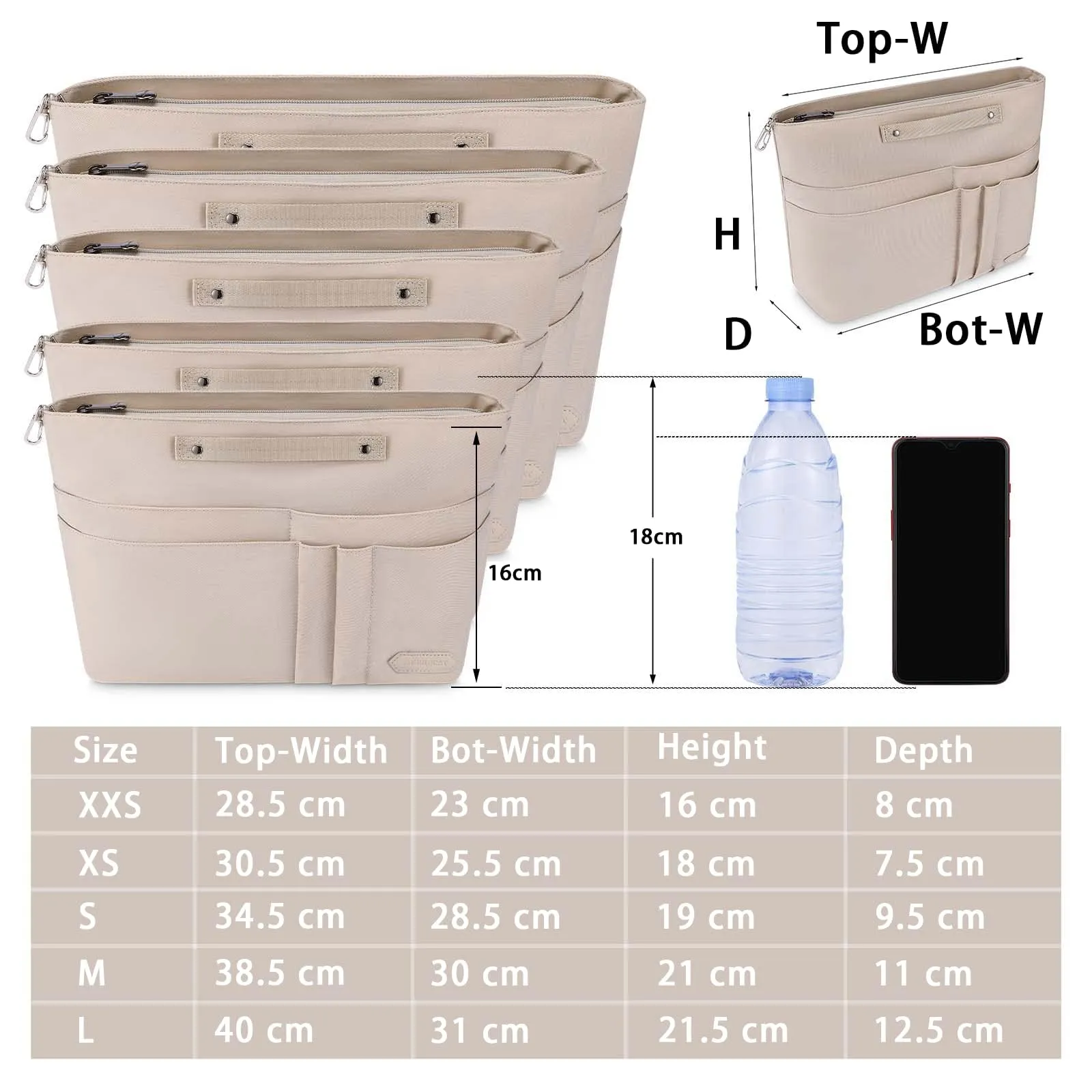 HyFanStr Organizer Interno per Borsa in Poliestere Impermeabile con Chiusura Cerniera e Portachiavi, Beige (S) - immagine 2