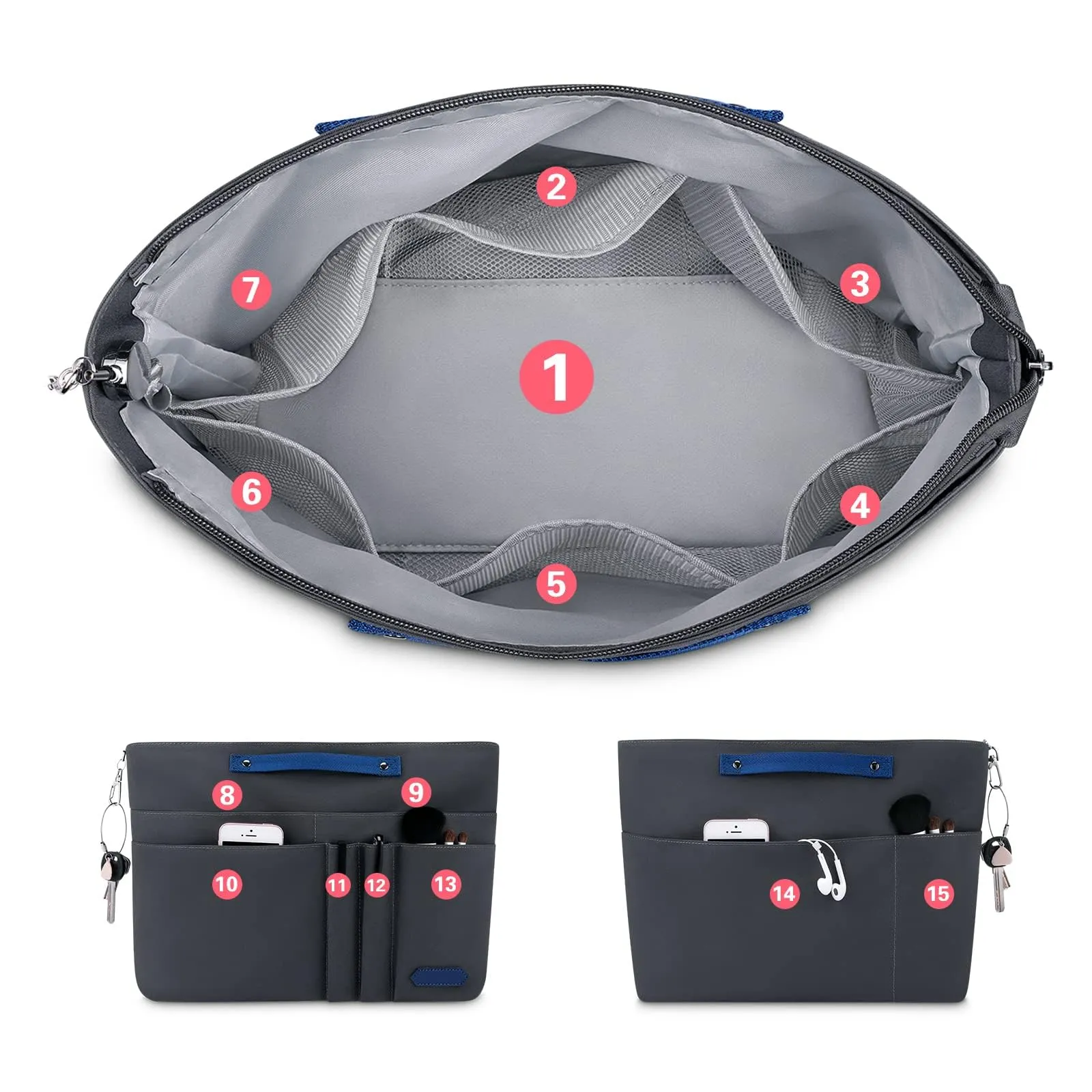 HyFanStr Organizer da Borsa Donna in Poliestere Impermeabile con Chiusura Cerniera e Portachiavi, Grigio scuro (S) - immagine 3