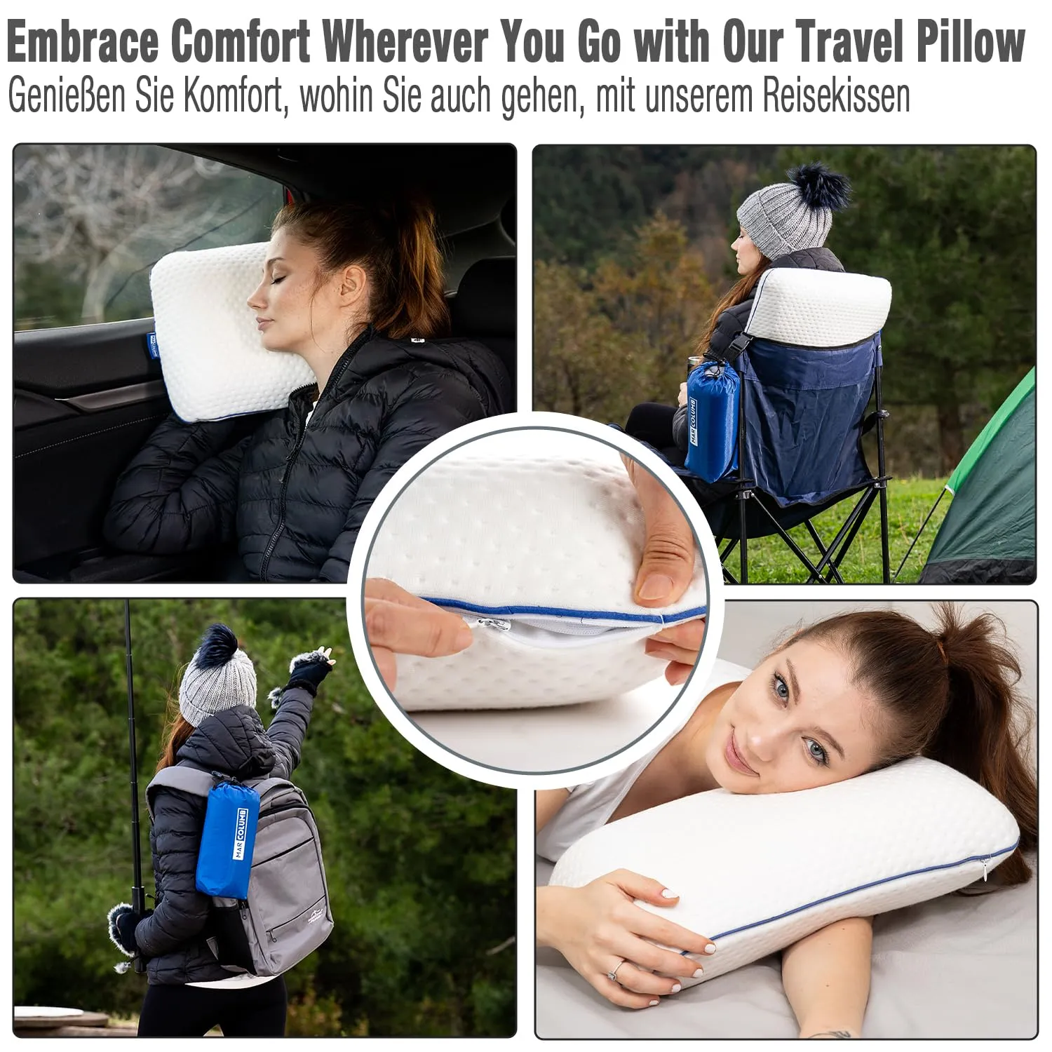 Marcolumb Cuscino da viaggio in memory foam con federa termoregolante e borsa impermeabile - Nero - immagine 2