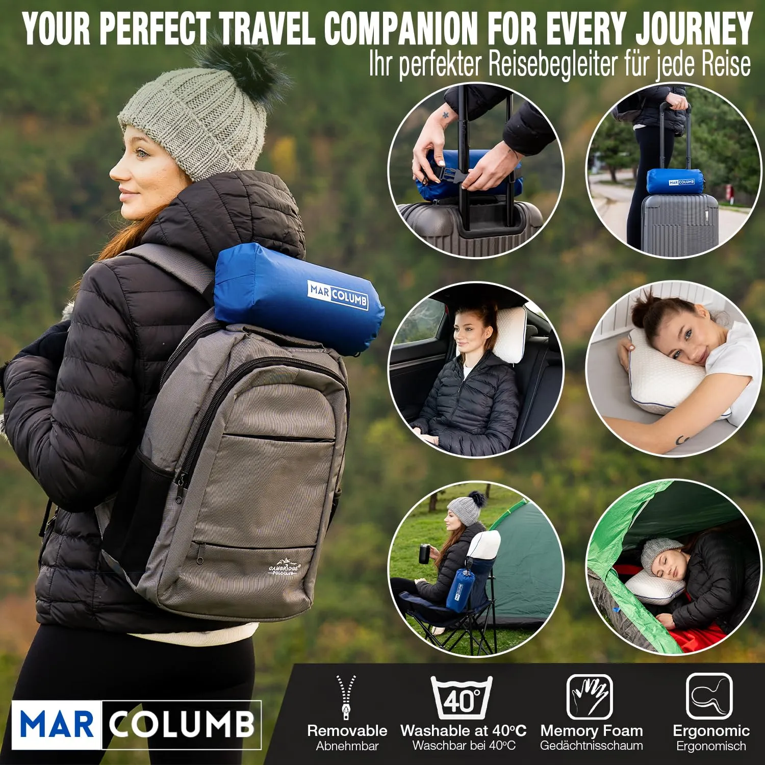 Marcolumb Cuscino da viaggio in memory foam con federa termoregolante e borsa impermeabile - Nero - immagine 7