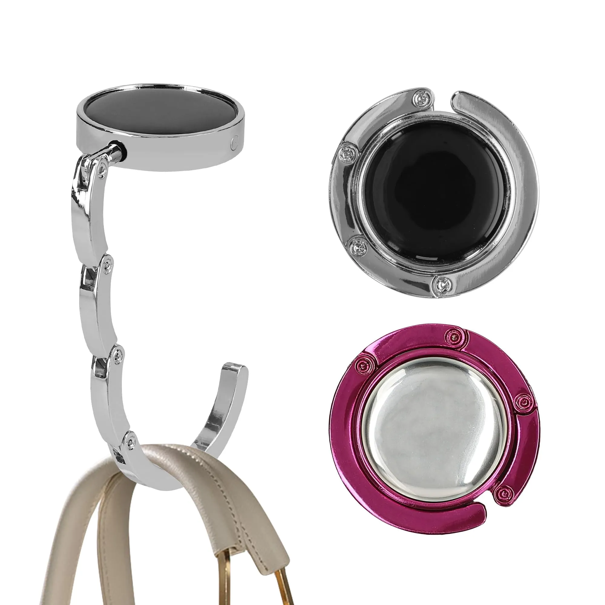 kwmobile Set 2x Gancio Borsa da Tavolo Pieghevole Antiscivolo Antigraffio, Argento/Fucsia - immagine 8