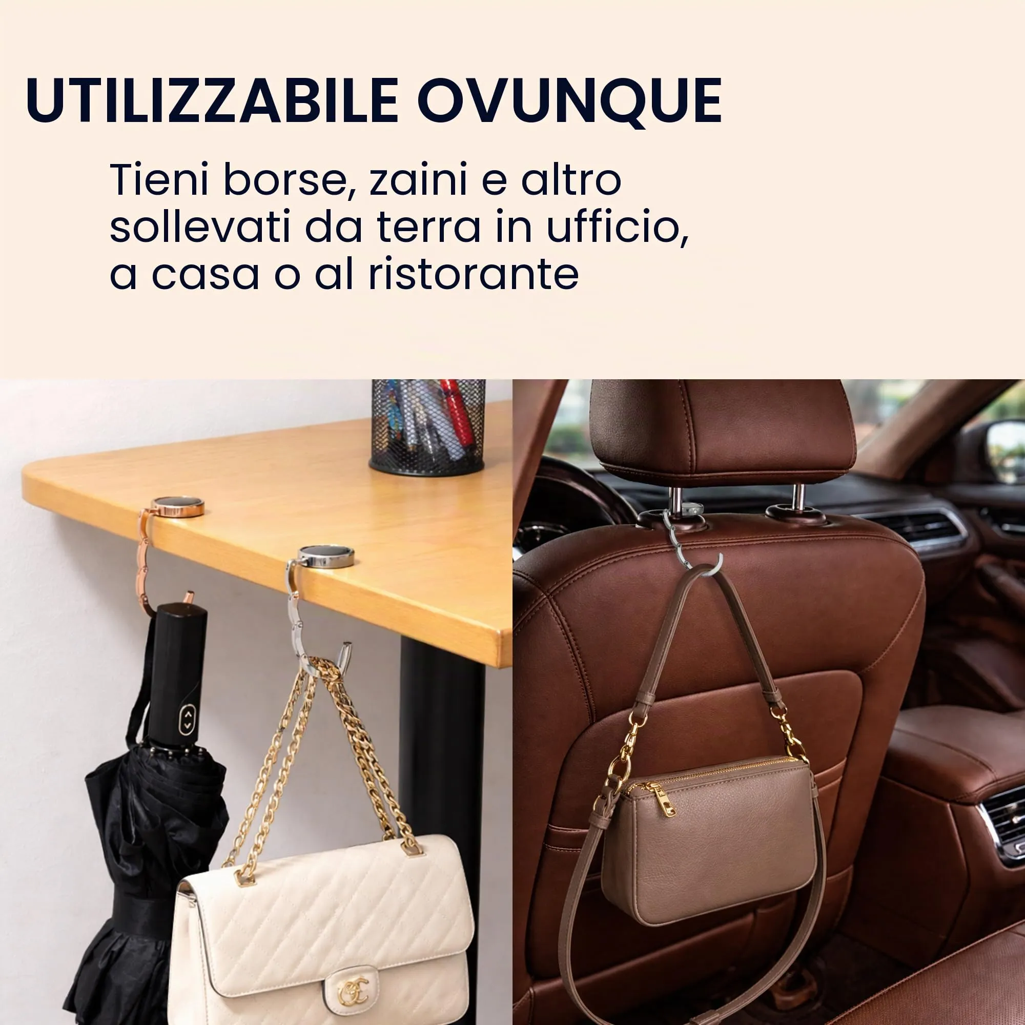 kwmobile Set 2x Gancio Borsa da Tavolo Pieghevole Antiscivolo - Nero Matt/Argento - immagine 6