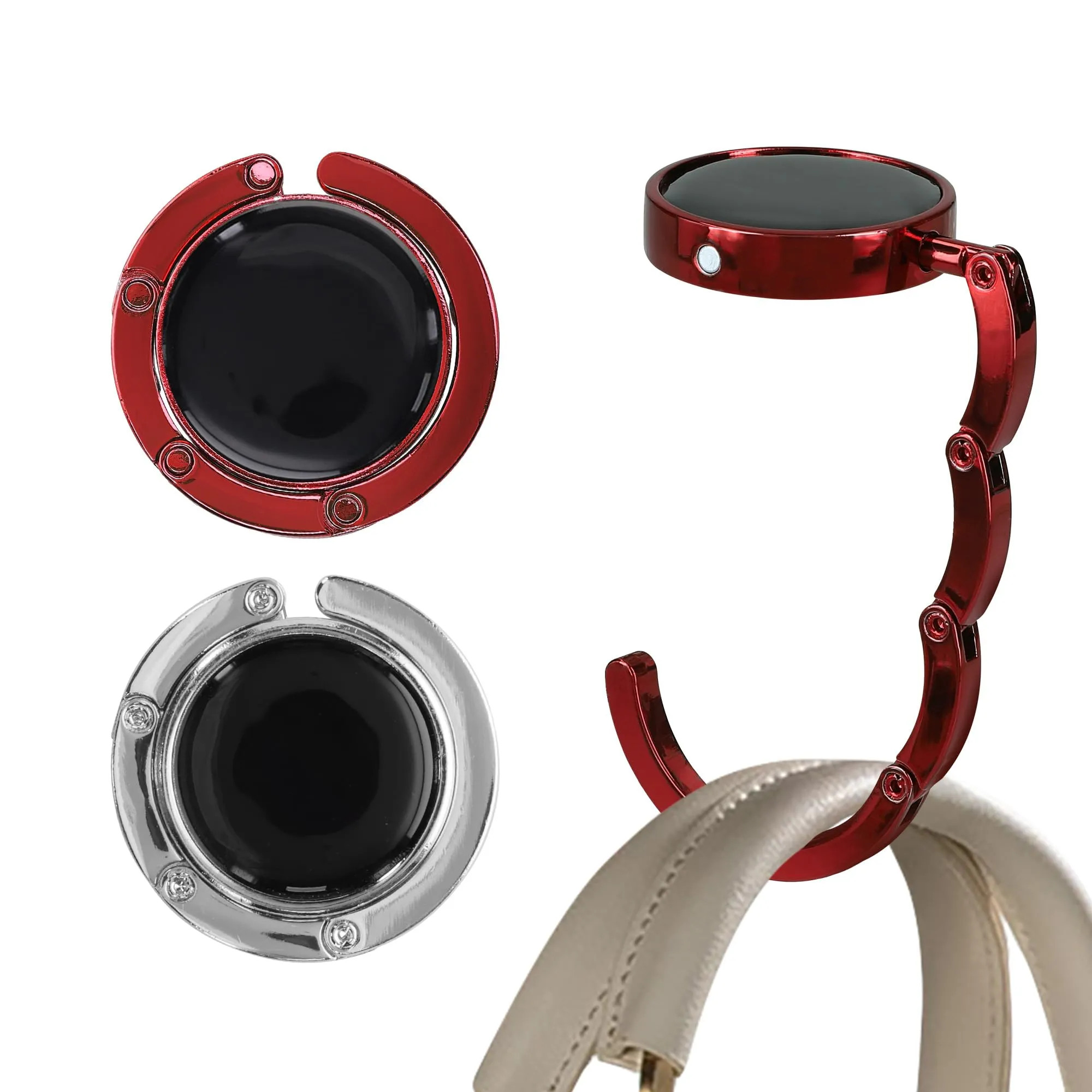 kwmobile Set 2x Gancio Borsa da Tavolo Pieghevole Antiscivolo Antigraffio, Argento/Rosso - immagine 1