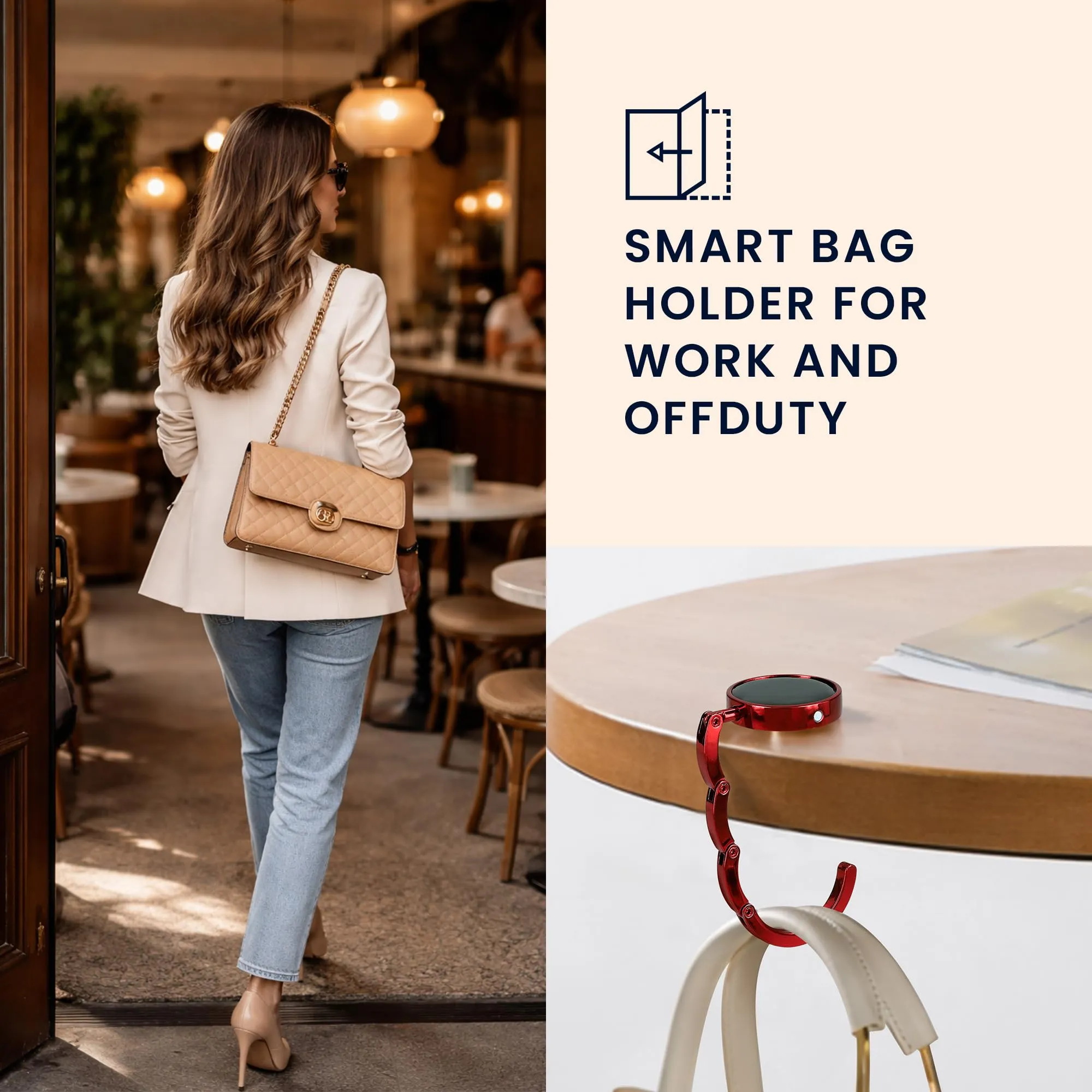 kwmobile Set 2x Gancio Borsa da Tavolo Pieghevole Antiscivolo Antigraffio, Argento/Rosso - immagine 2
