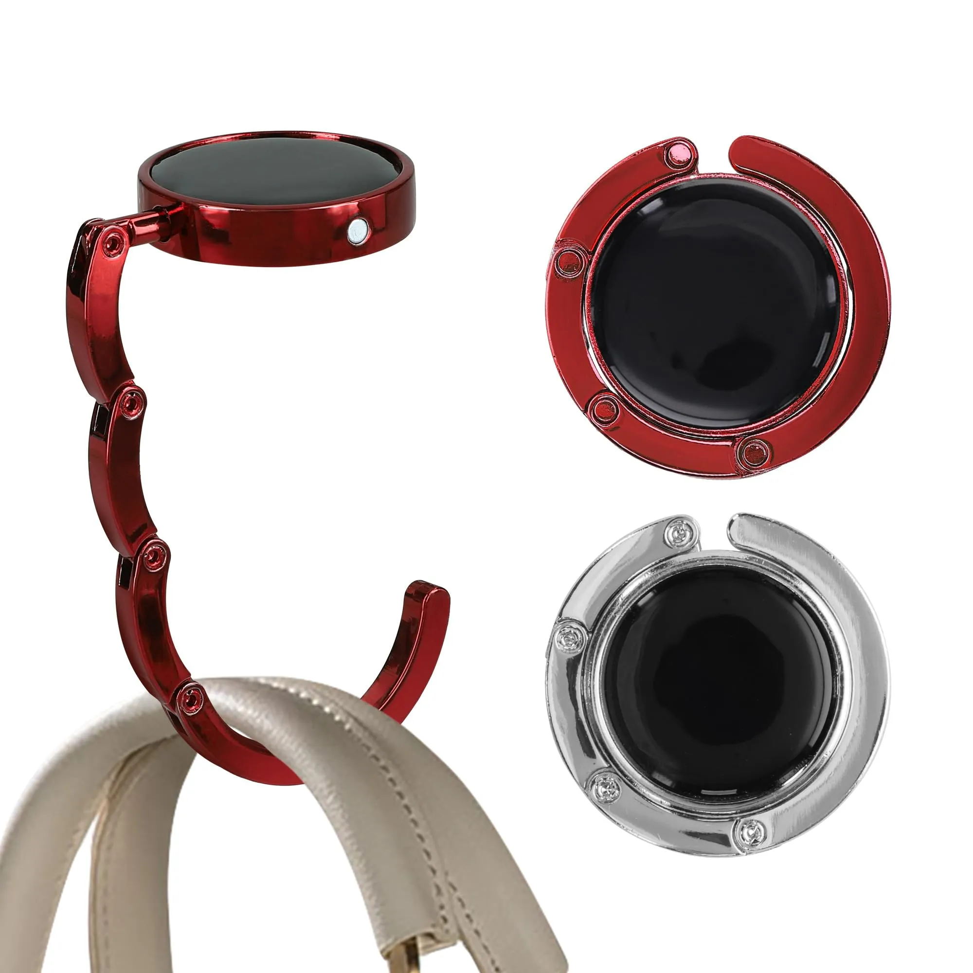 kwmobile Set 2x Gancio Borsa da Tavolo Pieghevole Antiscivolo Antigraffio, Argento/Rosso - immagine 8
