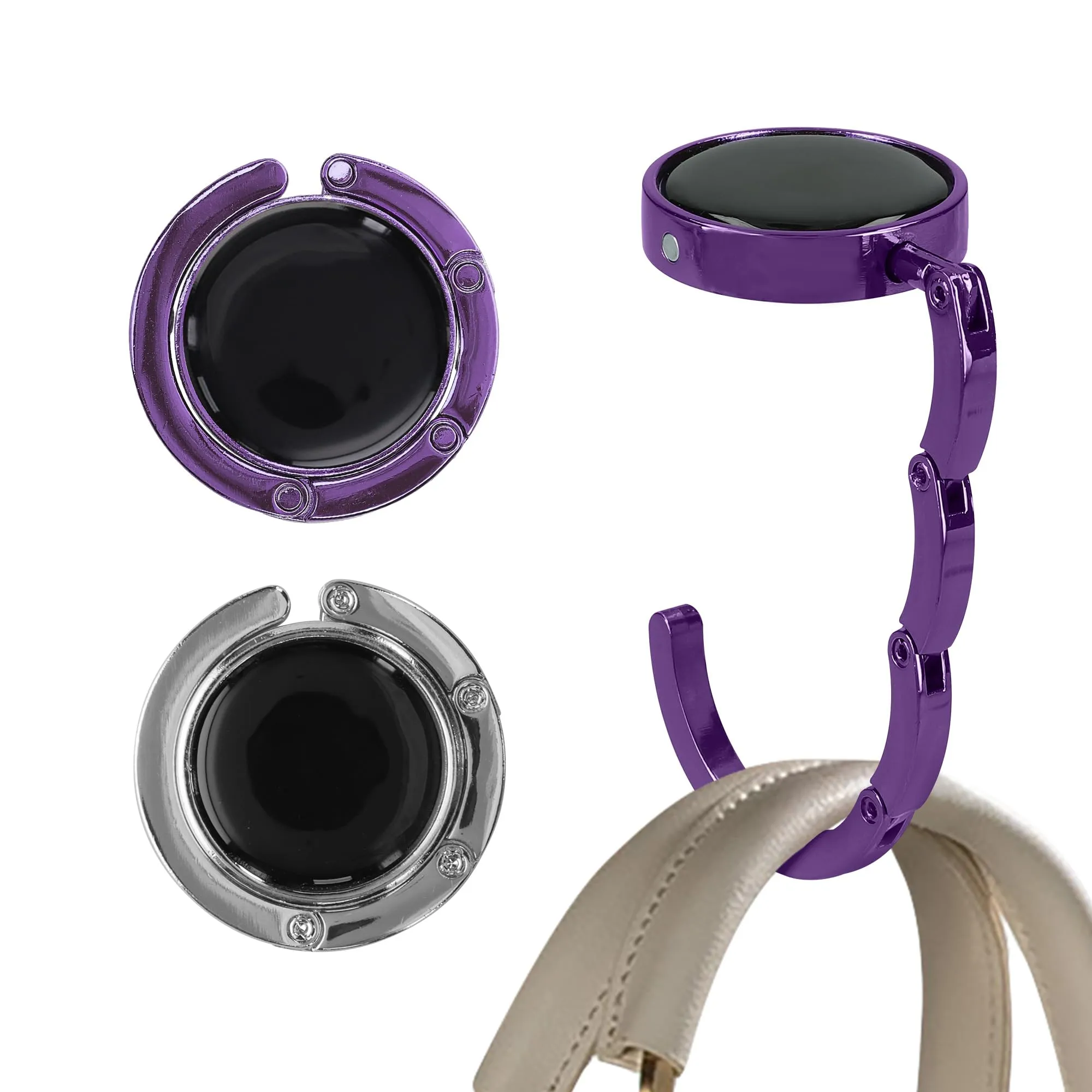kwmobile Set 2x Gancio Borsa da Tavolo Pieghevole Antiscivolo Antigraffio, Argento/Viola Magenta - immagine 1