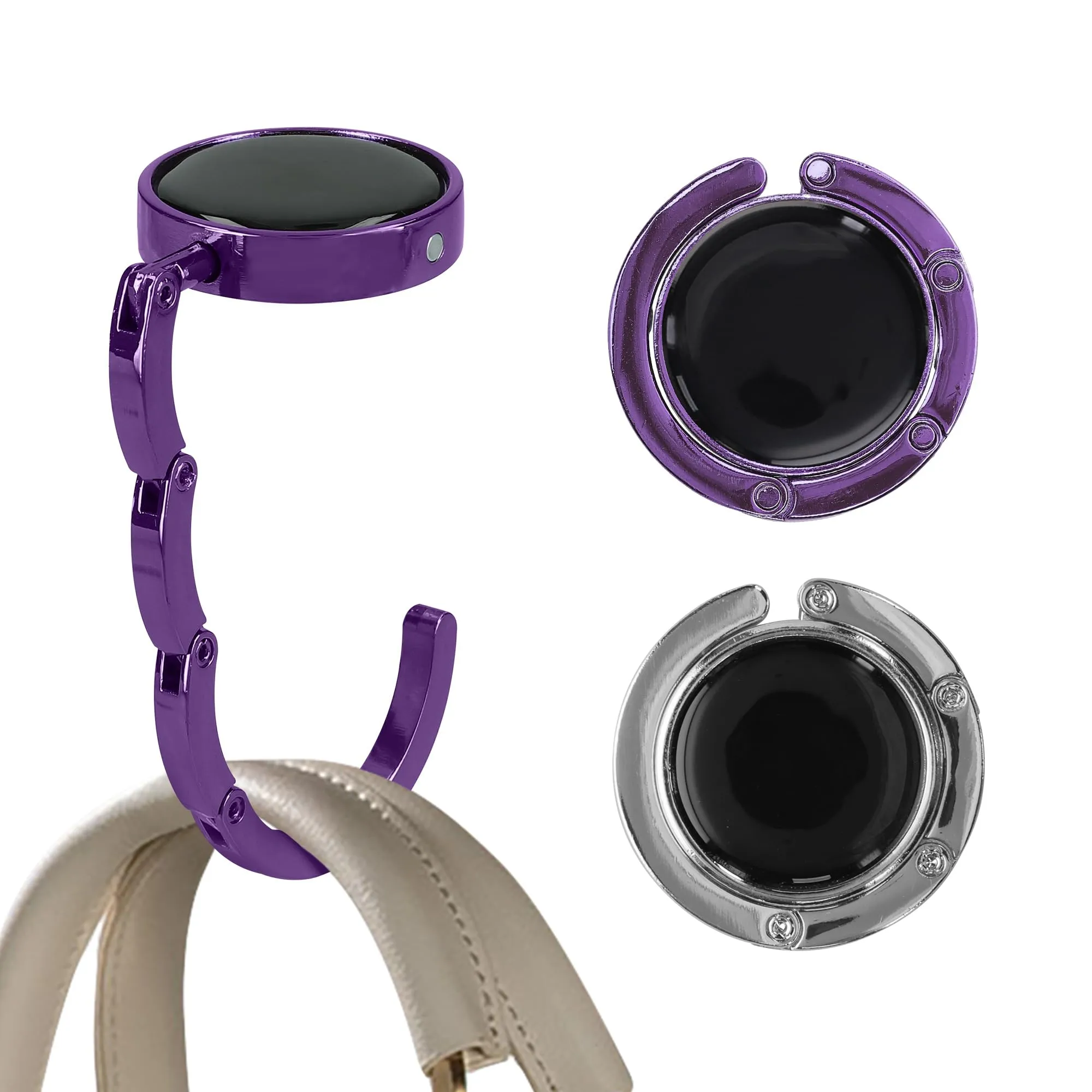 kwmobile Set 2x Gancio Borsa da Tavolo Pieghevole Antiscivolo Antigraffio, Argento/Viola Magenta - immagine 8