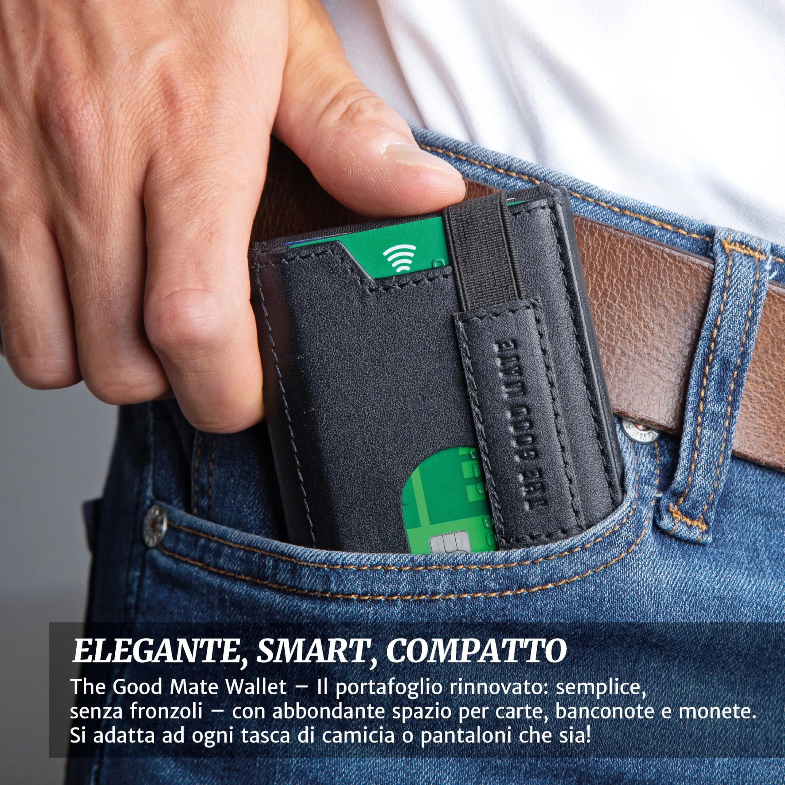 The Good Mate Portafoglio Uomo Slim in Pelle Vera con Portamonete e Protezione RFID - Nero - immagine 2