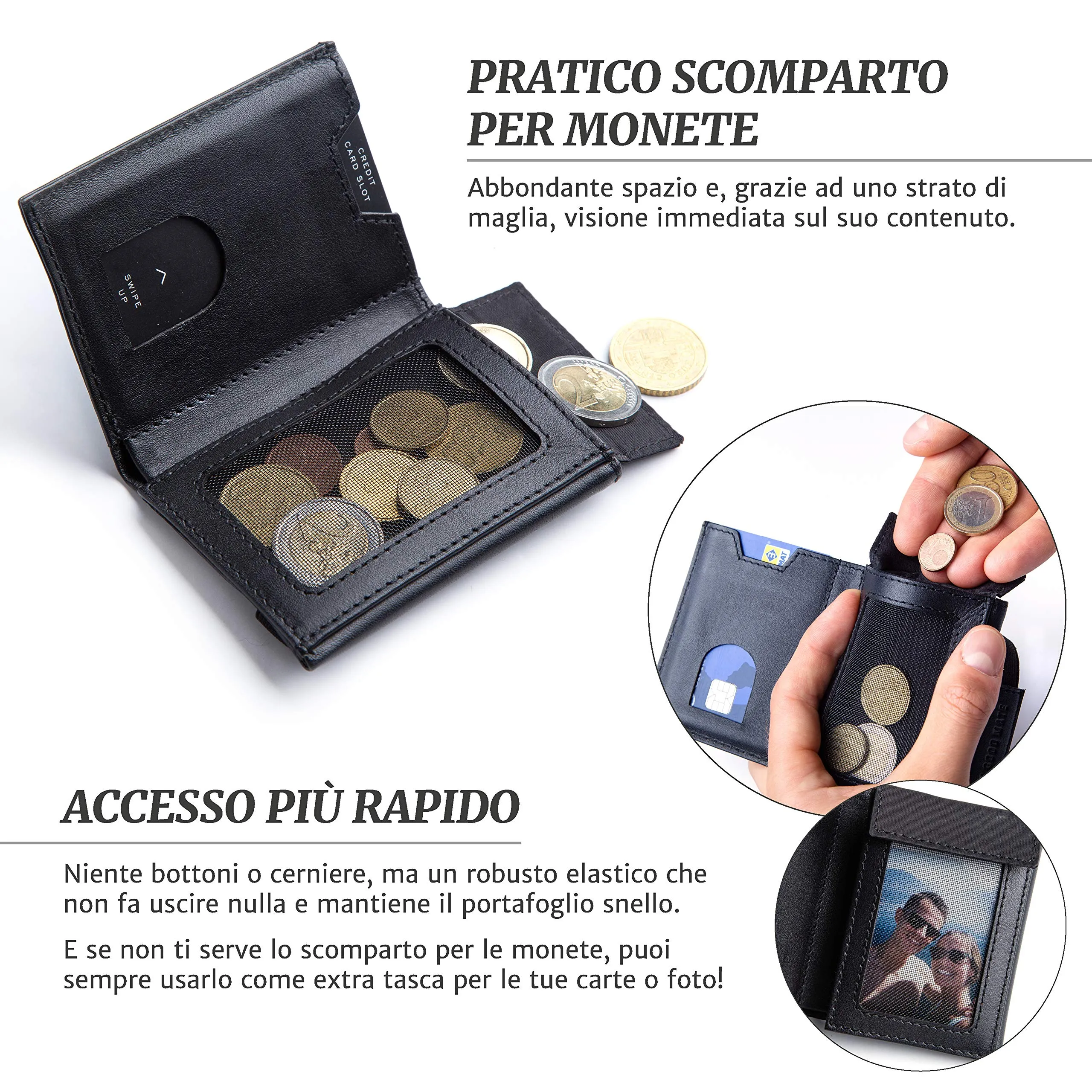 The Good Mate Portafoglio Uomo Slim in Pelle Vera con Portamonete e Protezione RFID - Nero - immagine 4